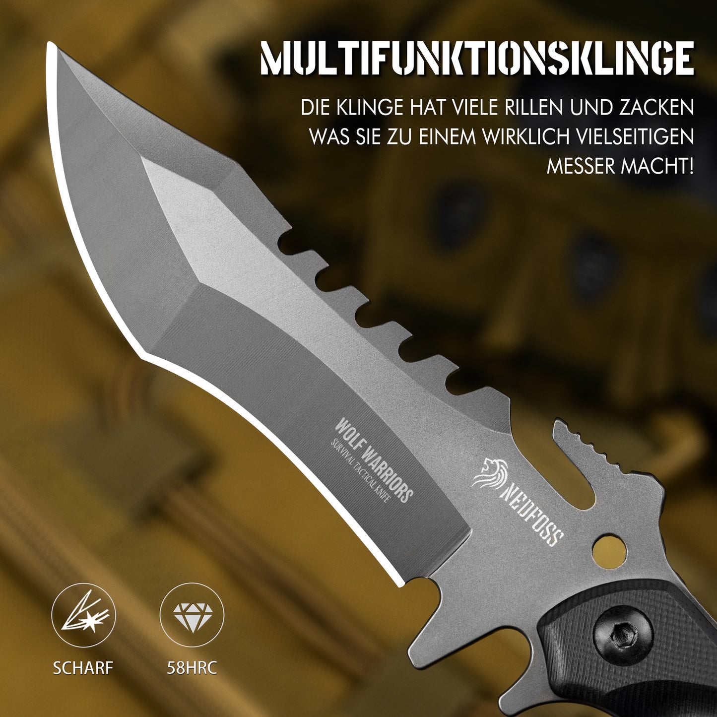 NedFoss WOLF Outdoor Survival Knife, Tactical Belt Knife, Survival Bushcraft Knife, Premium Quality, Black