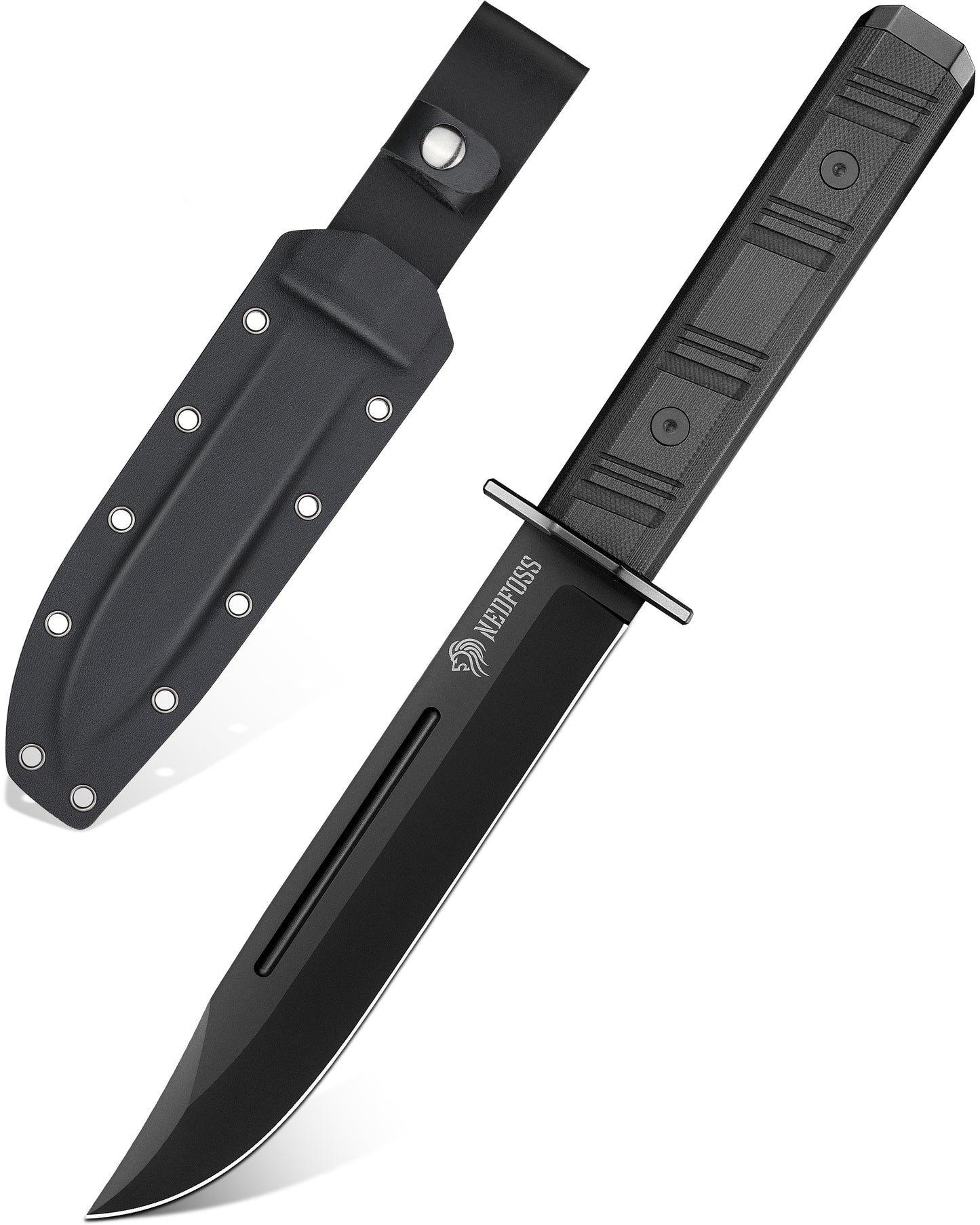 NedFoss BRAVE Couteau Bowie, 17,2CM Acier D2 Full Tang Couteau d'extérieur avec manche G10 et étui Kydex, Couteau de survie en Titane