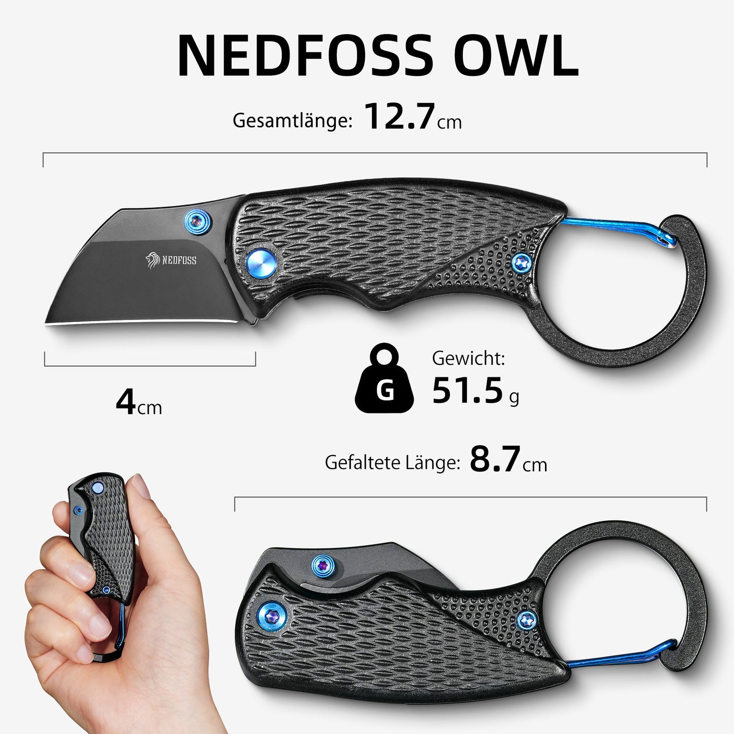 NedFoss OWL Folding Knife, 3.7cm D2 Steel Mini Pocket Knife with Aluminum Handle, One-Handed Knife with Liner Lock, Keychain Knife with Carabiner, EDC Knife for Everyday Use, Collection & Gift