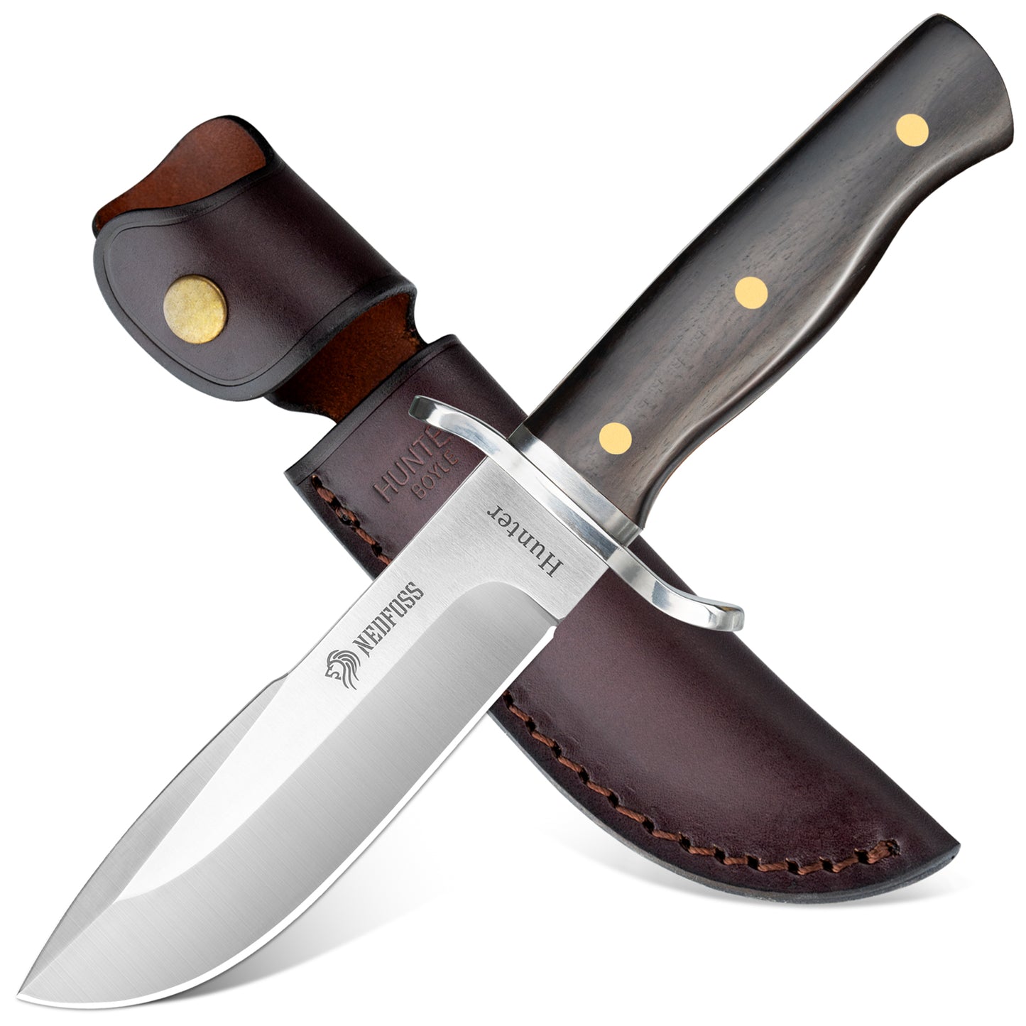 NedFoss HUNTER Couteau de chasse, 11 cm Couteau Bowie en D2 et manche en bois de rose avec étui en cuir exquis, Couteau de survie pour l'extérieur, Extra-tranchant (Noir)
