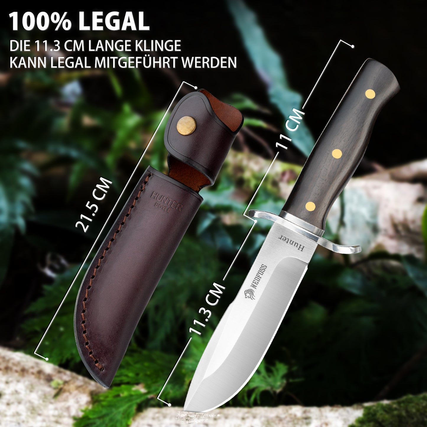 NedFoss HUNTER Couteau de chasse, 11 cm Couteau Bowie en D2 et manche en bois de rose avec étui en cuir exquis, Couteau de survie pour l'extérieur, Extra-tranchant (Noir)