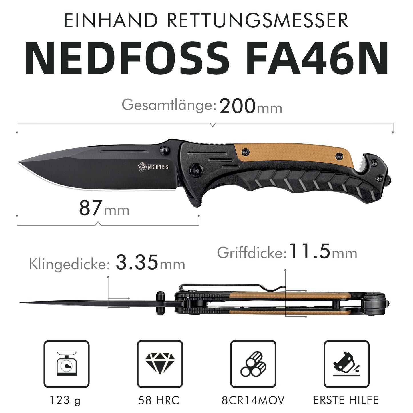 NedFoss FA46N Couteau de poche, Couteau de sauvetage avec coupe-ceinture et brise-vitre, Couteau pliant avec clip ceinture, Couteau à une main pour voiture, Couteau de survie pour situations d'urgence, Couteau de secours