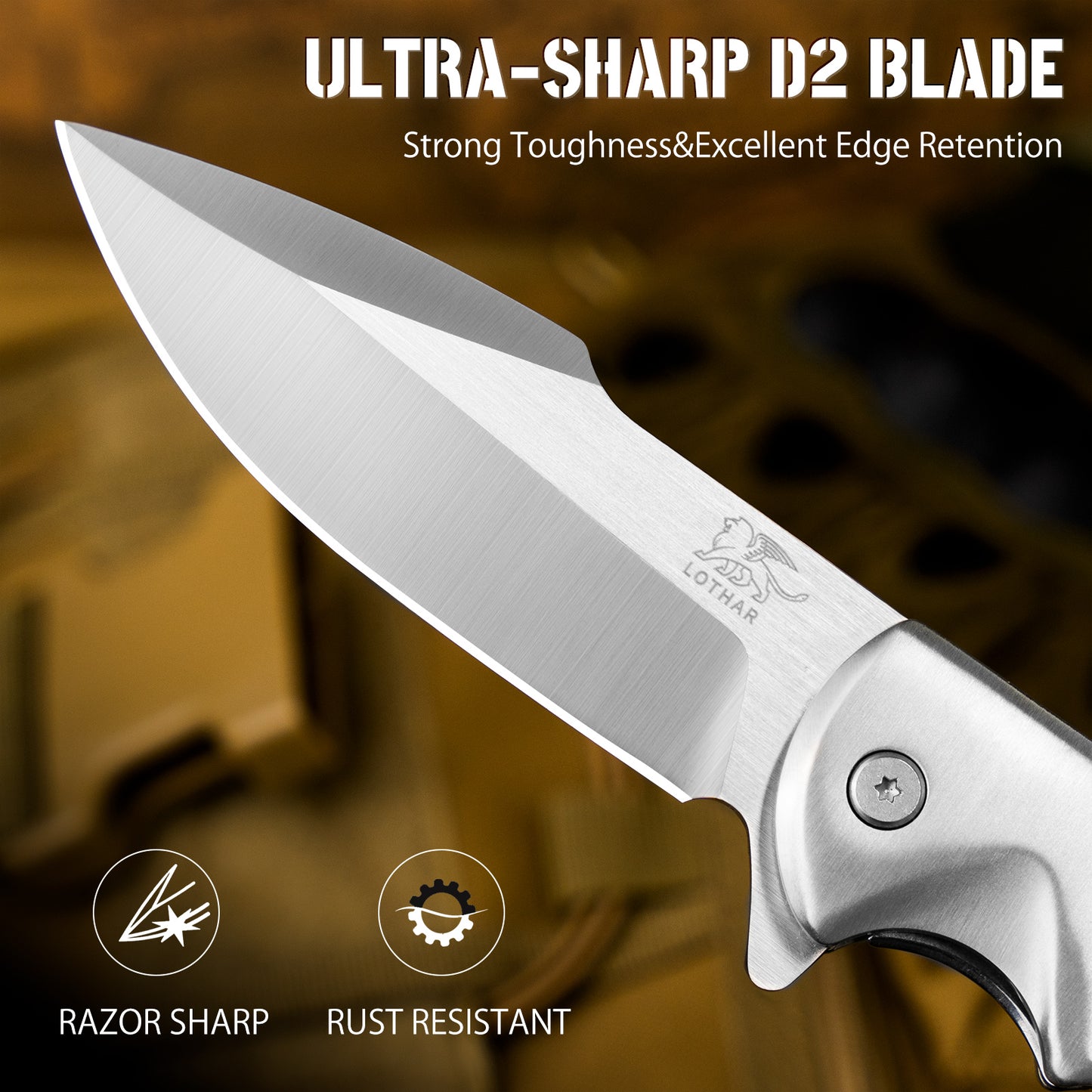 LOTHAR SMAUG Rescue Knife, 9.4CM Folding Knife Made of D2 Steel with Glass Breaker & Seatbelt Cutter, G10 Handle One-Handed Knife with Clip, Robust Outdoor Knife, Rescue Knife for Camping, Hunting, Emergencies