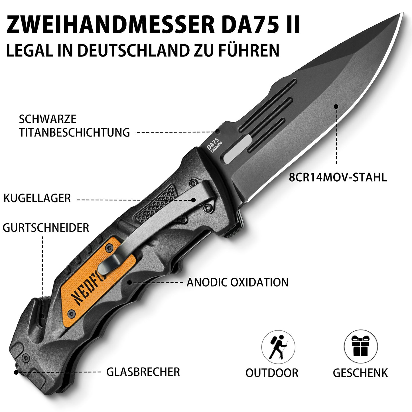 NedFoss DA75 Couteau à deux mains, Couteau de poche 10CM avec coupe-ceinture et brise-verre, Couteau pliant légal avec Liner Lock et roulement à billes, Couteau de survie Outdoor, Couteau de sauvetage avec clip dans une boîte cadeau