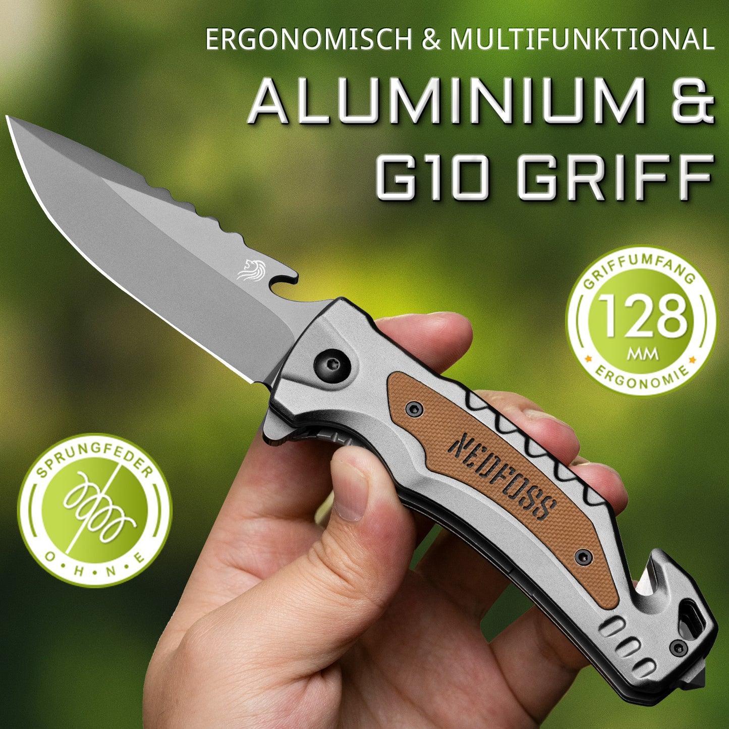 NedFoss DA169 Folding Knife, 9.5 CM Pocket Knife with Belt Cutter & Glass Breaker & Bottle Opener, One-Handed Knife with Liner Lock & Ball Bearings, Rescue Knife for Car, Survival Rescue Knife Outdoor