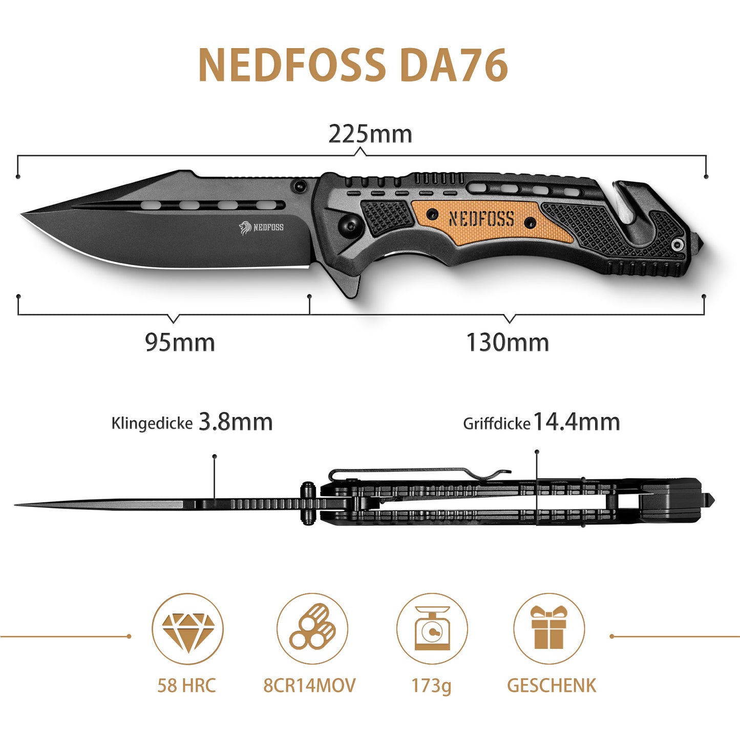 NedFoss DA76 Couteau de sauvetage professionnel, couteau pliant 10cm avec coupe-ceinture & brise-vitre, couteau de poche avec liner lock & roulement à billes, couteau à ouverture à une main pour voiture, couteau d'urgence extérieur avec clip ceinture