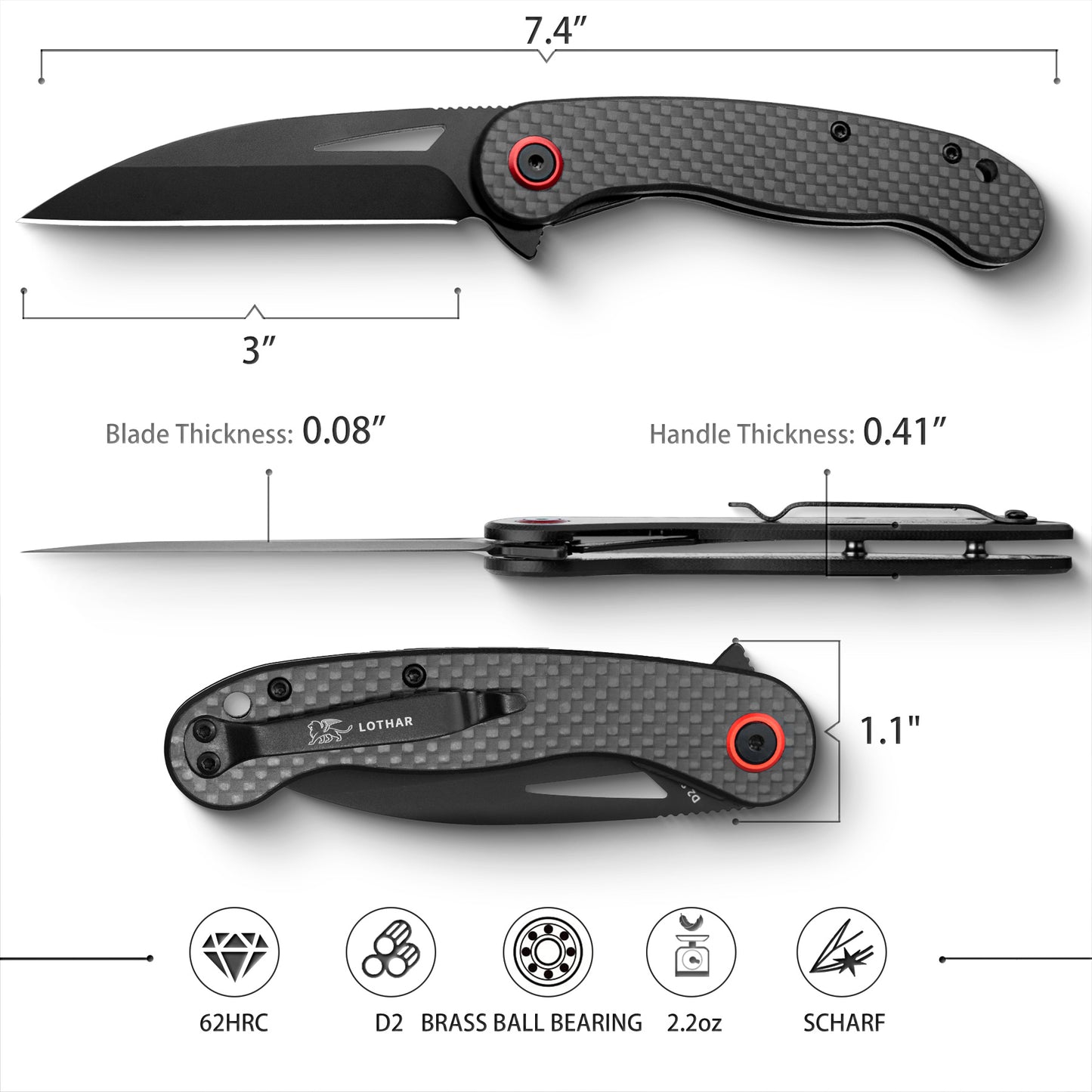 LOTHAR Seagull 3" D2 Stahlklinge Liner Lock EDC Messer mit Carbonfasergriff