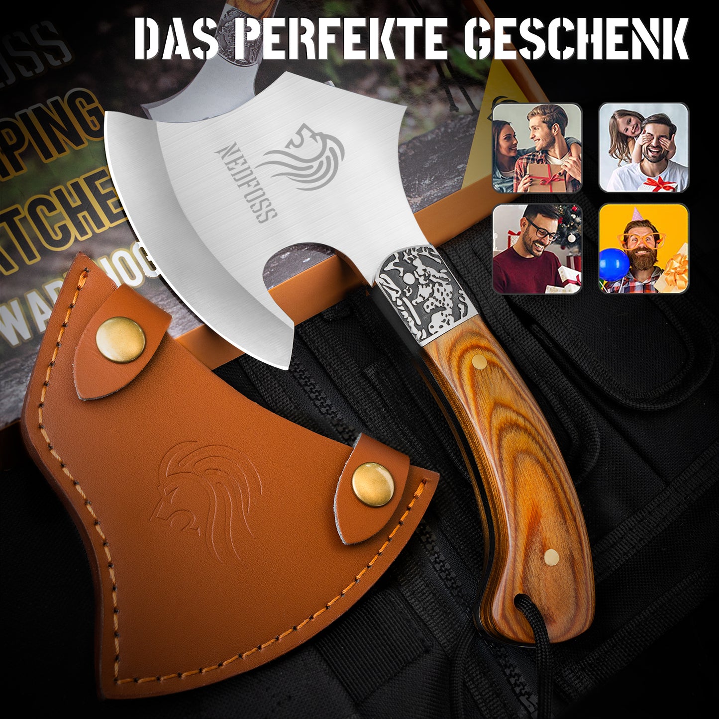 NedFoss WARTHOG Hachette & Hache de Camping, Hache d'extérieur | Hache de Survie, Haches Adulte Hachette de Camping, avec Étui de Tête, Manche en Bois