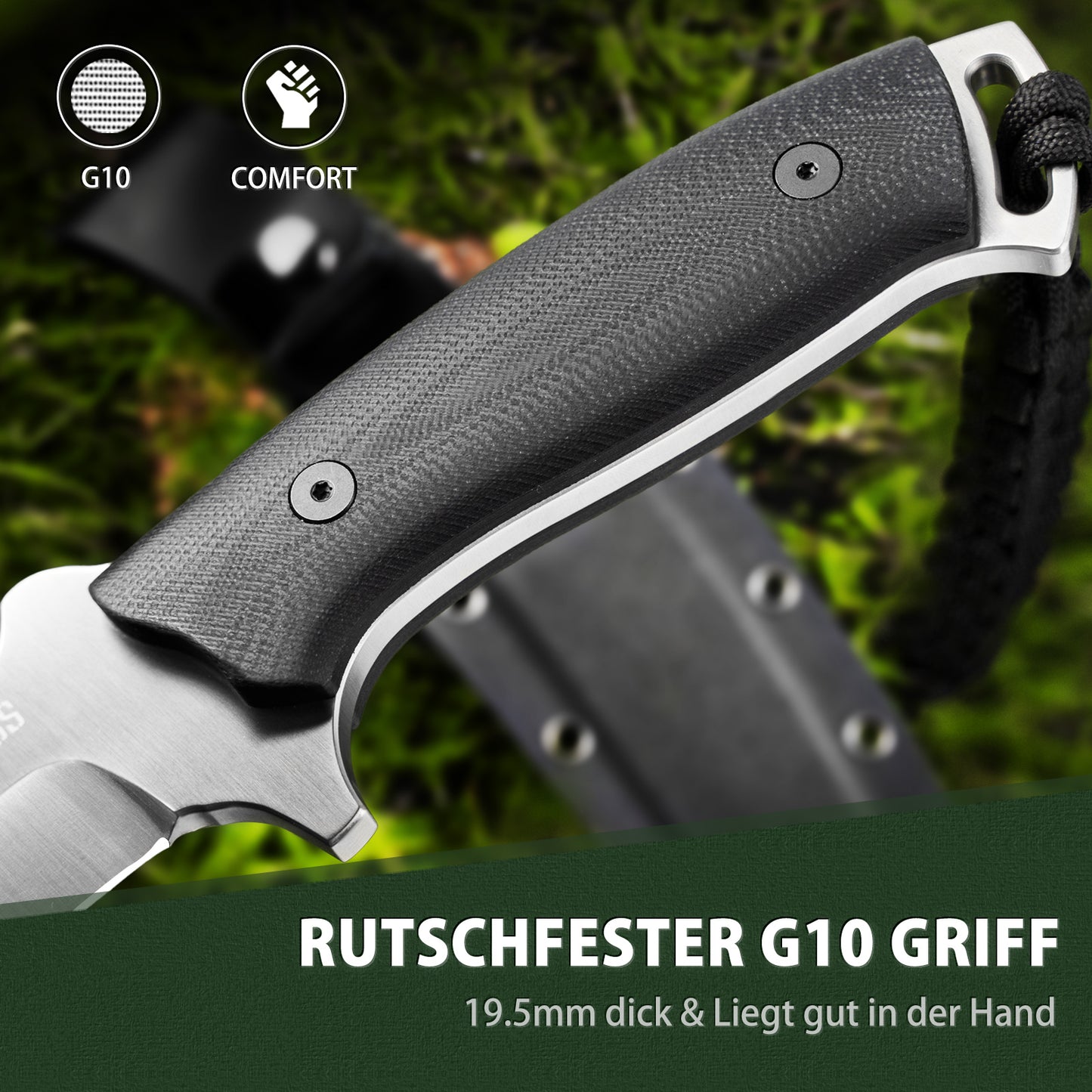 NedFoss BIG-DOG Outdoor Knife, 16.5CM Full Tang Hunting Knife with Kydex Sheath & G10 Handle, 5.5CM Thick Large Survival Knife