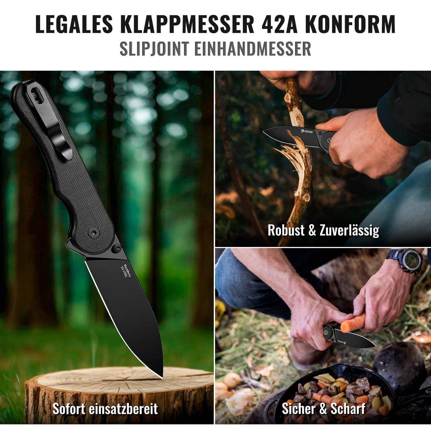 NedFoss BLACKBERRY Couteau pliant à une main, couteau pliant Slipjoint en acier D2 avec manche G10, couteau de poche légal conforme 42a, couteau EDC pour la vie quotidienne, collection et cadeau