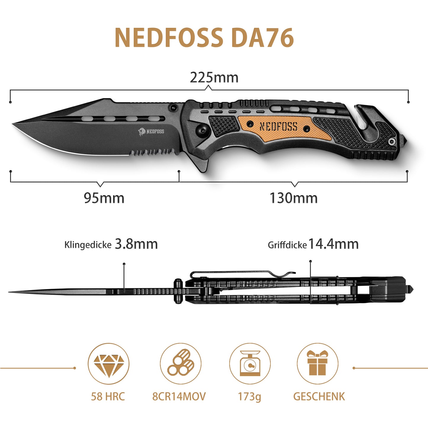 NedFoss DA76 Professional Rescue Knife, 10cm Folding Knife with Seatbelt Cutter & Glass Breaker, Pocket Knife with Liner Lock & Ball Bearing, One-Handed Knife for Car, Outdoor Emergency Knife with Belt Clip