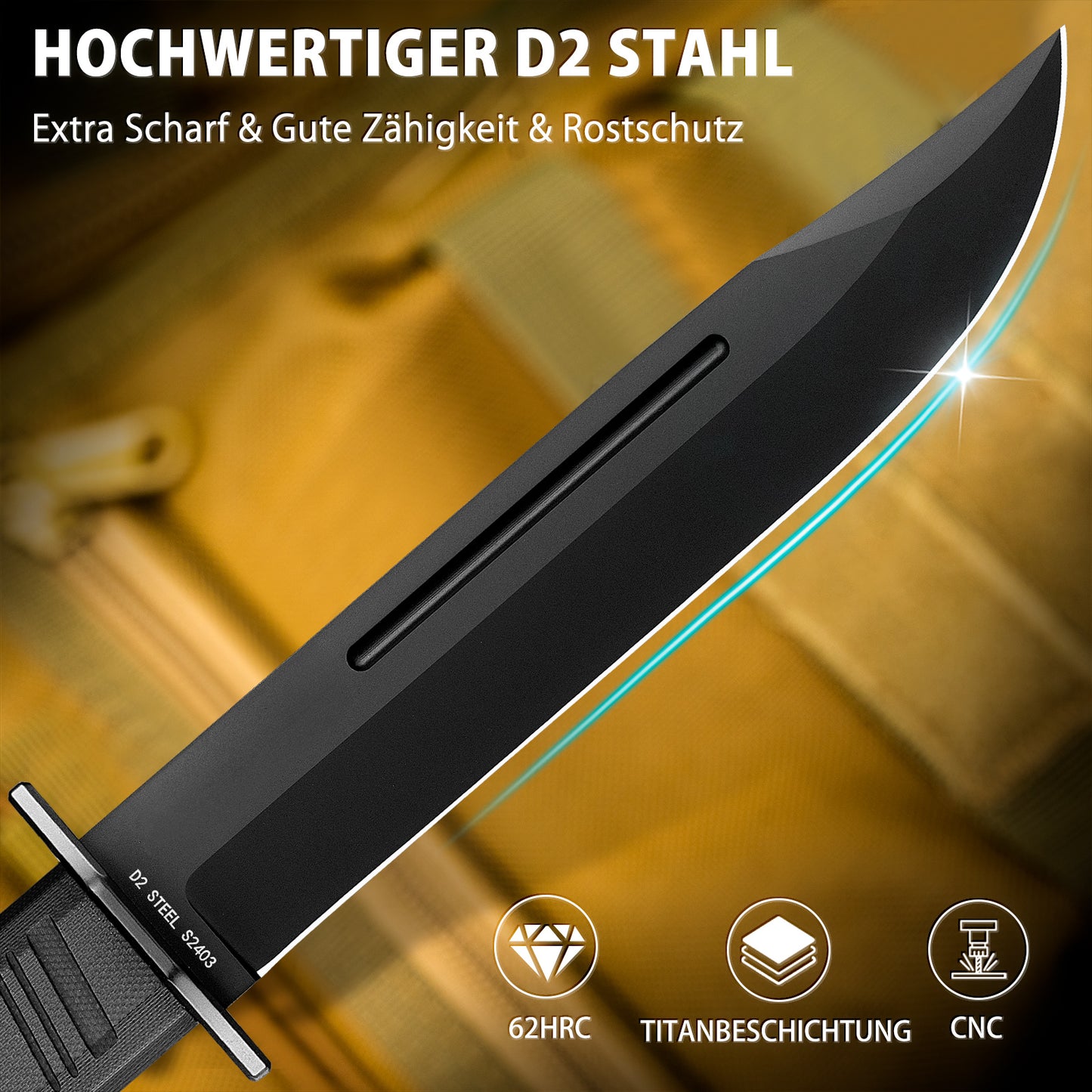 NedFoss BRAVE Couteau Bowie, 17,2CM Acier D2 Full Tang Couteau d'extérieur avec manche G10 et étui Kydex, Couteau de survie en Titane