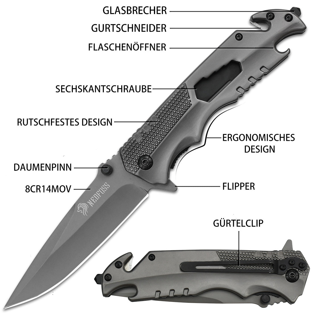 NedFoss FA48 Couteau pliant, Couteau de poche extérieur 4-en-1, Couteau de survie à une main, Couteau de sauvetage tranchant avec décapsuleur, coupe-ceinture et brise-vitre