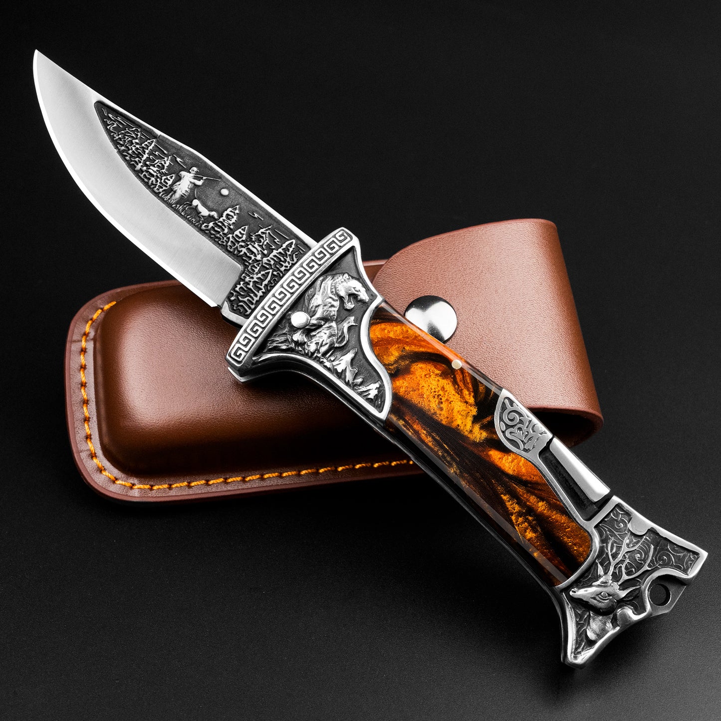 Nedfoss TIGER ROAR Two-Hand Folding Knife, TIGER ROAR Pocket Knife with Belt Clip, EDC Knife with Back Lock, Outdoor & Hunting Folding Knife in Beautiful Design, Sharp
