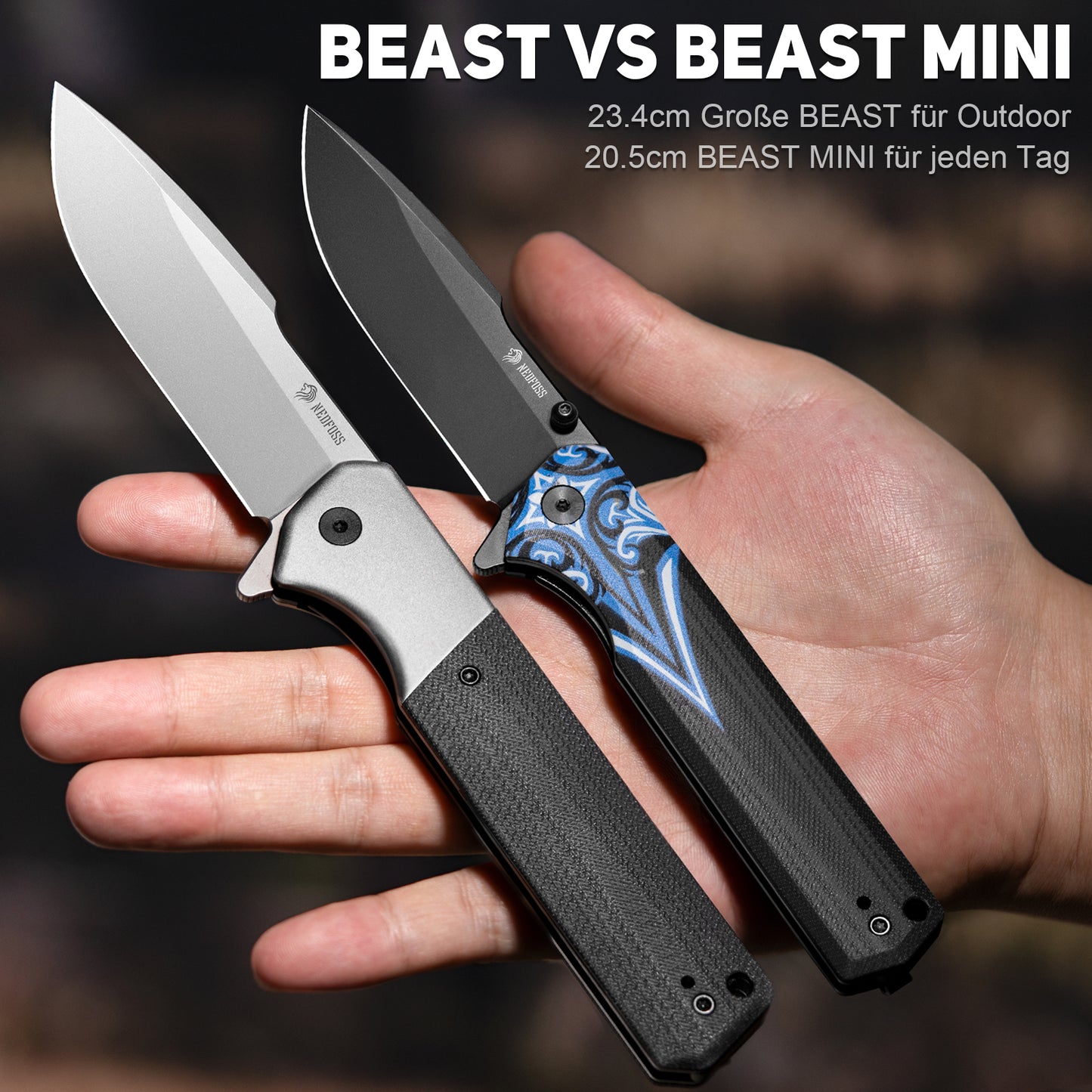 NedFoss BEAST Folding Knife, 8.7cm D2 Steel Blade Pocket Knife with G10 Handle, One-Handed Knife with Liner Lock & Ball Bearing, Outdoor Knife with Clip, Survival Knife for Collection & Gift