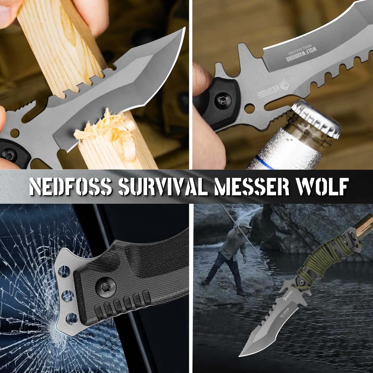 NedFoss WOLF Outdoor Survival Knife, Tactical Belt Knife, Survival Bushcraft Knife, Premium Quality, Black