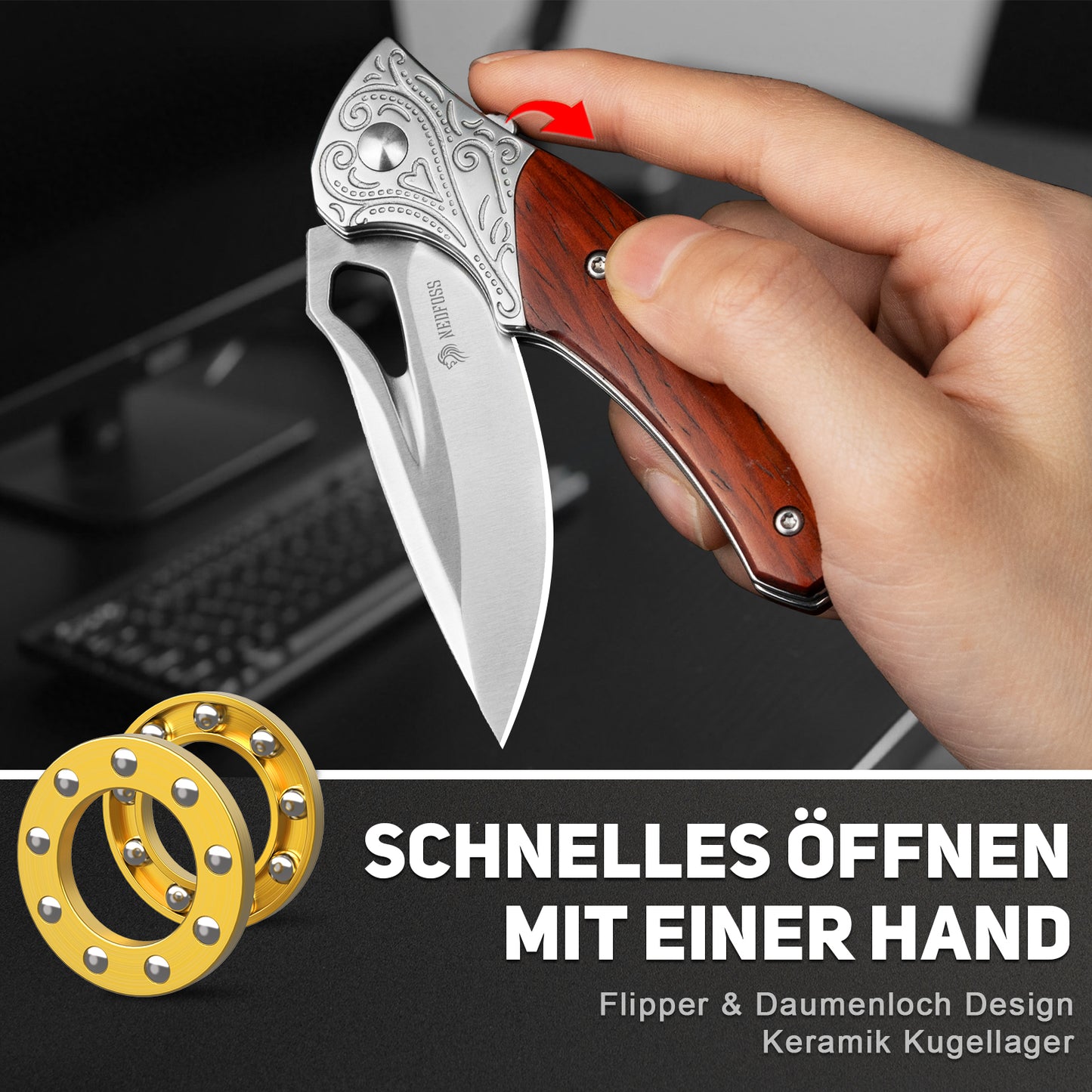 NedFoss HERON Couteau pliant, 7cm 14C28N Acier Couteau à une main avec manche en bois, Couteau de poche tranchant avec Liner Lock & roulement à billes, Couteau d'extérieur avec clip, Couteau de survie dans une boîte cadeau pour collection