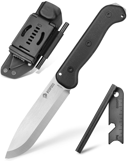 NedFoss BERGLÖWE II Outdoor Knife, 11.5cm Full Tang 14C28N Hunting Knife with Micarta Handle, Bushcraft Knife with Scandi Grind, Sharp Survival Knife with Fire Starter, Belt Knife with Kydex Sheath