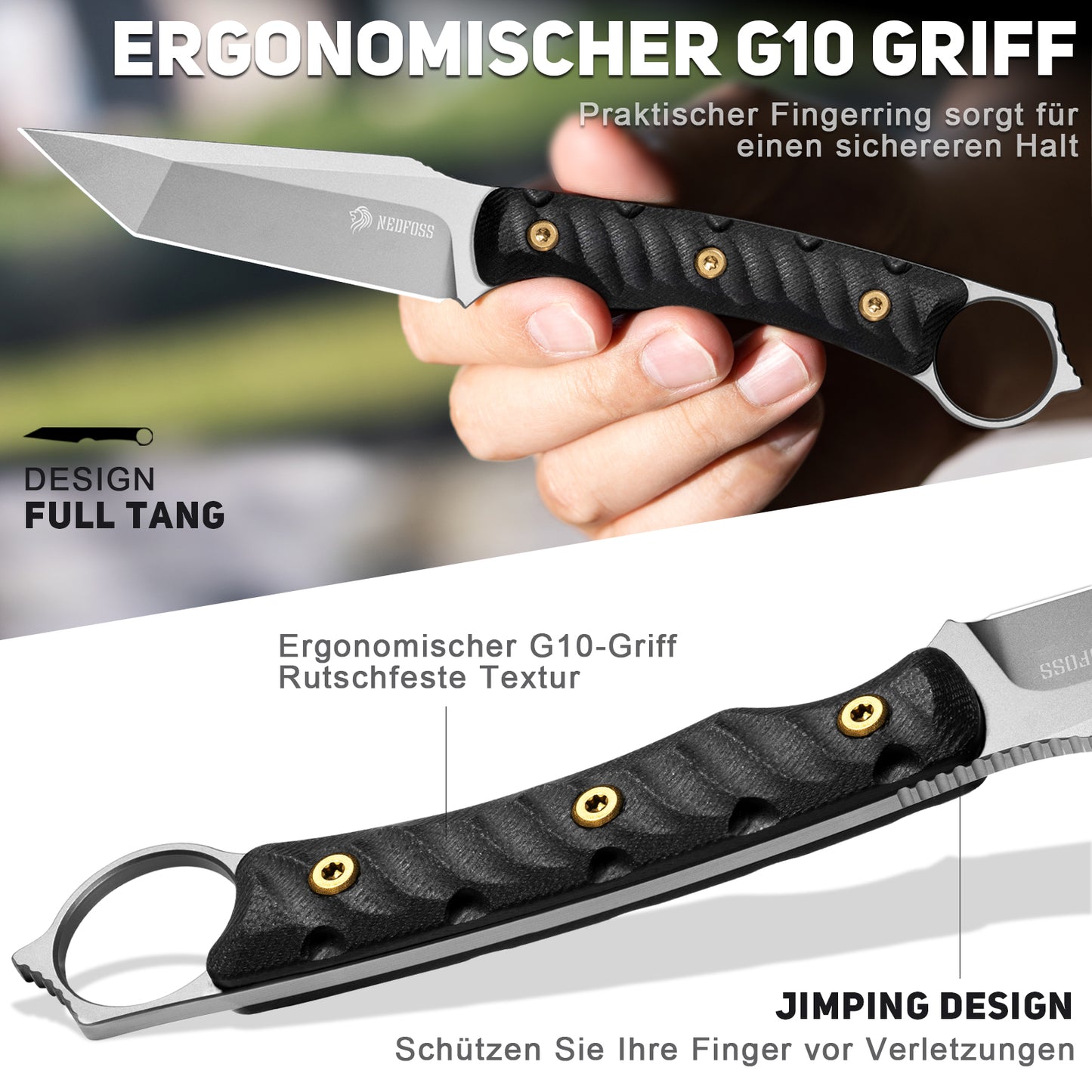 NedFoss PIONEER Hunting Knife, 8.5cm 14C28N Steel Full Tang Legal Outdoor Knife with G10 Handle & Adjustable Clip, Small Survival Knife with Kydex Sheath, Bushcraft knife 42a compliant, EDC Knife
