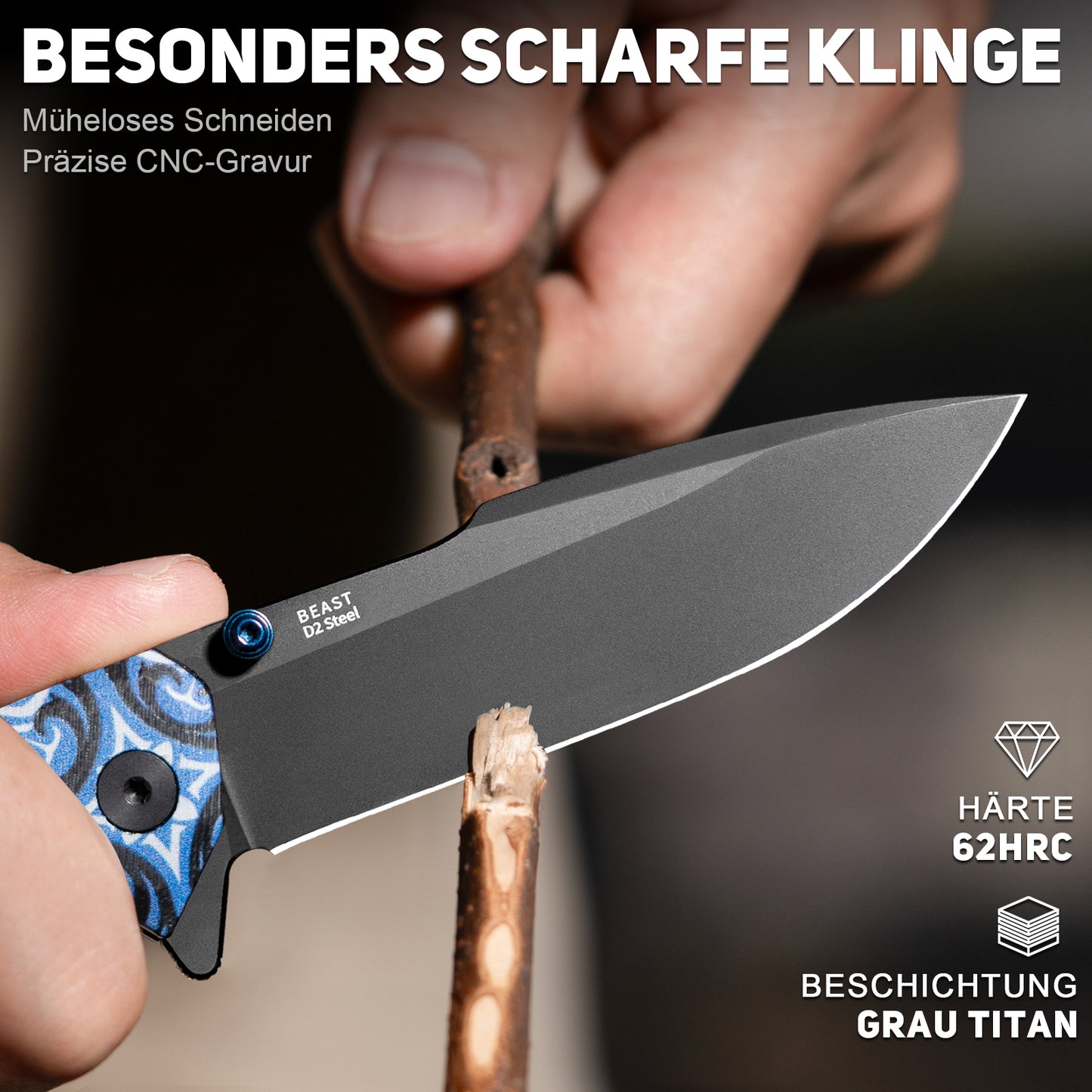 NedFoss BEAST Folding Knife, 8.7cm D2 Steel Blade Pocket Knife with G10 Handle, One-Handed Knife with Liner Lock & Ball Bearing, Outdoor Knife with Clip, Survival Knife for Collection & Gift