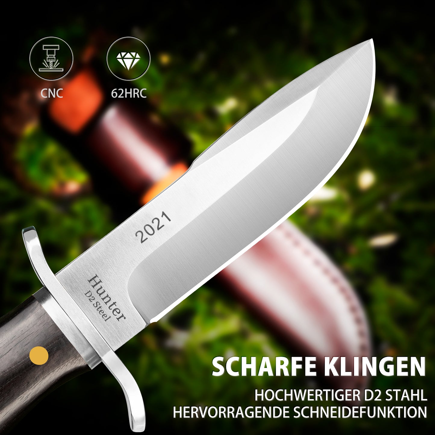 NedFoss HUNTER Couteau de chasse, 11 cm Couteau Bowie en D2 et manche en bois de rose avec étui en cuir exquis, Couteau de survie pour l'extérieur, Extra-tranchant (Noir)