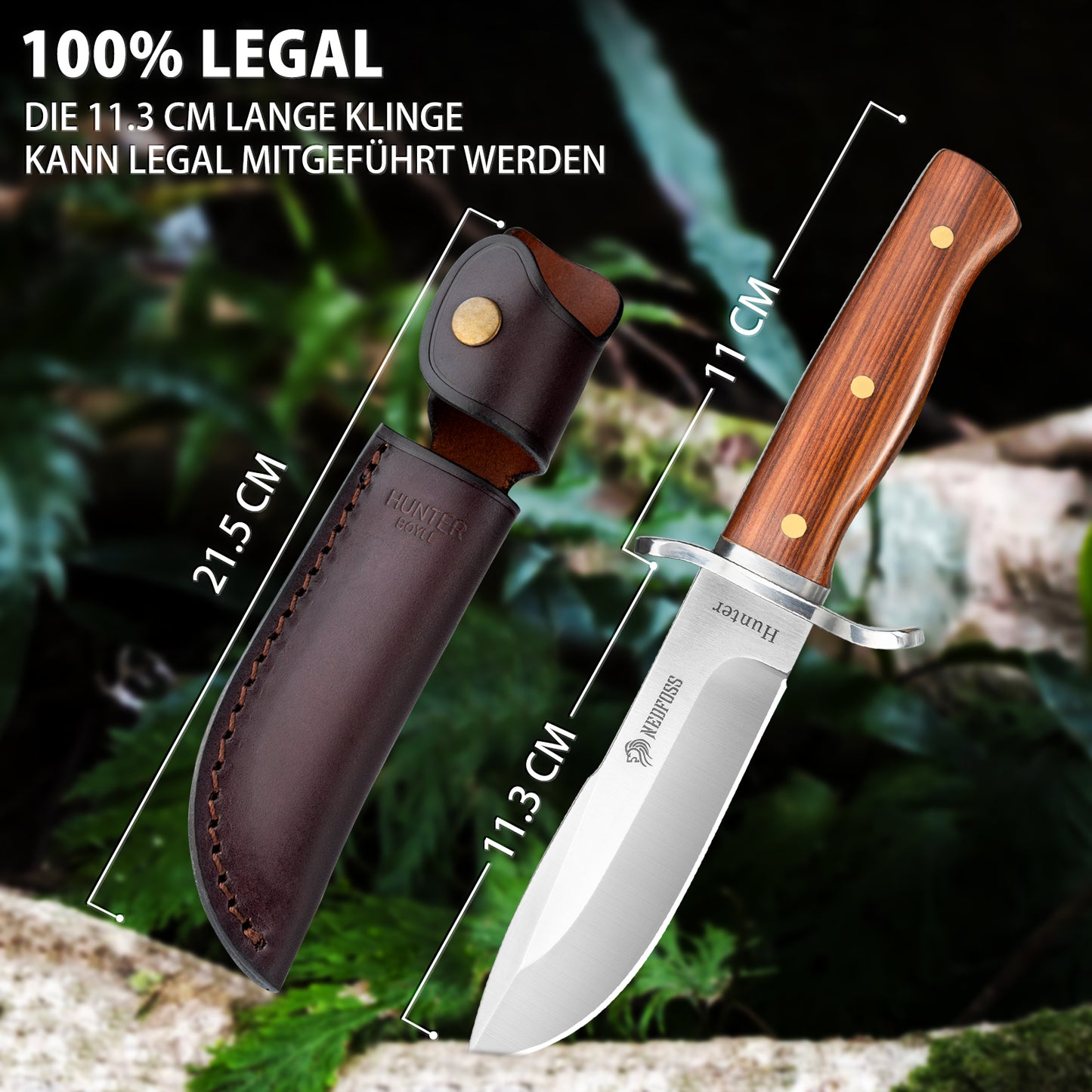 NedFoss HUNTER Couteau de Chasse, Couteau Bowie de 11 cm en D2 et Manche en Bois de Rose avec Étui en Cuir Exquis, Couteau de Survie pour l'Extérieur, Extra Aiguisé (Marron)