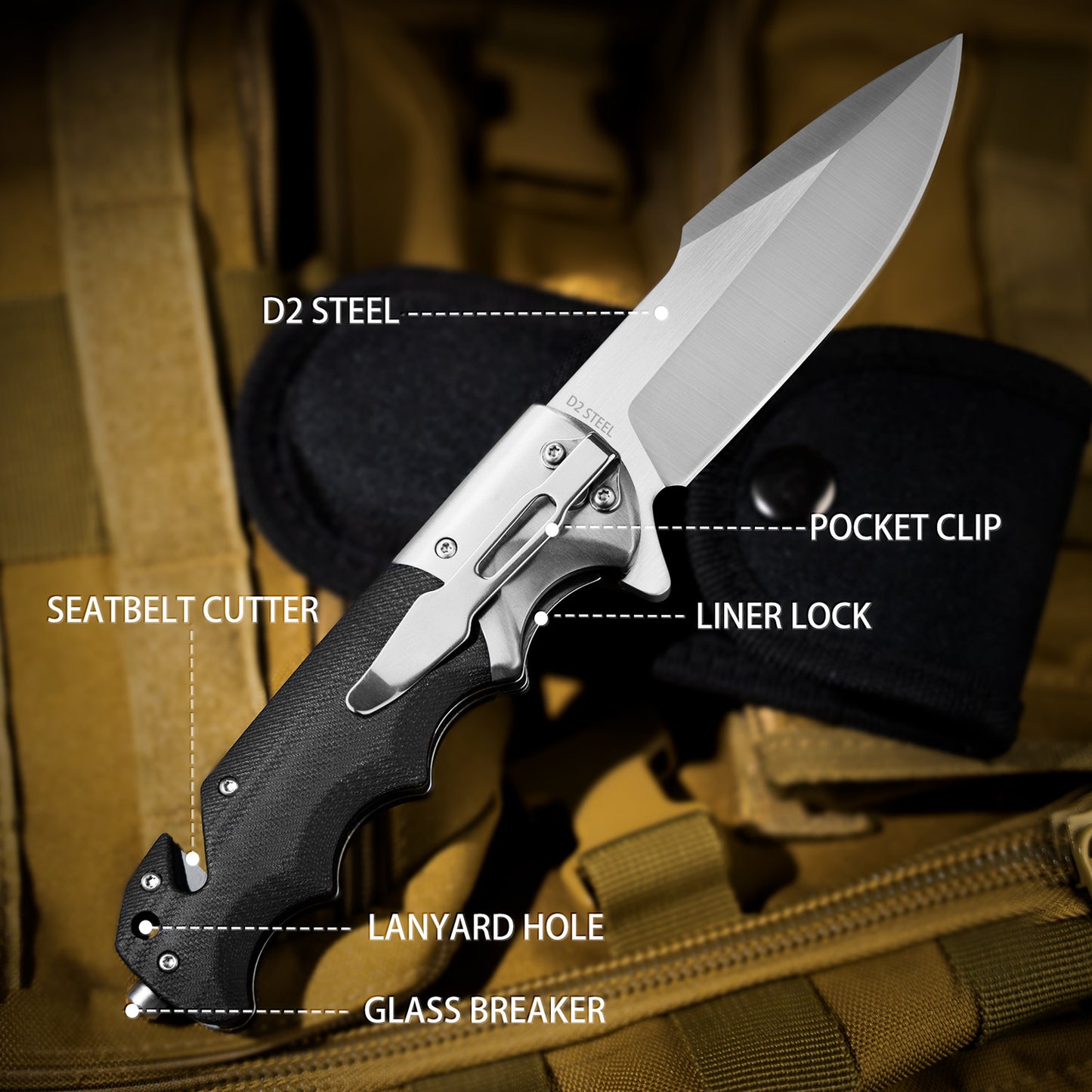 LOTHAR SMAUG Rescue Knife, 9.4CM Folding Knife Made of D2 Steel with Glass Breaker & Seatbelt Cutter, G10 Handle One-Handed Knife with Clip, Robust Outdoor Knife, Rescue Knife for Camping, Hunting, Emergencies