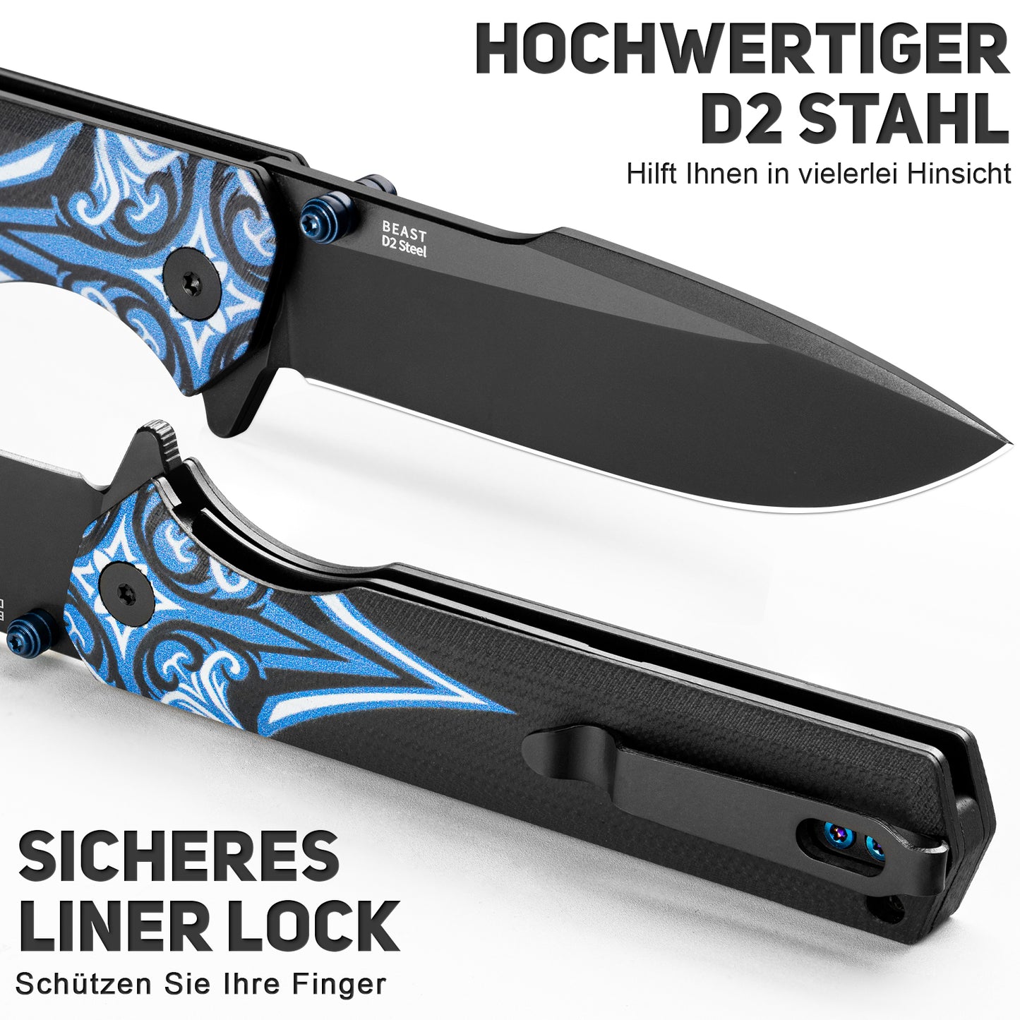 NedFoss BEAST Folding Knife, 8.7cm D2 Steel Blade Pocket Knife with G10 Handle, One-Handed Knife with Liner Lock & Ball Bearing, Outdoor Knife with Clip, Survival Knife for Collection & Gift