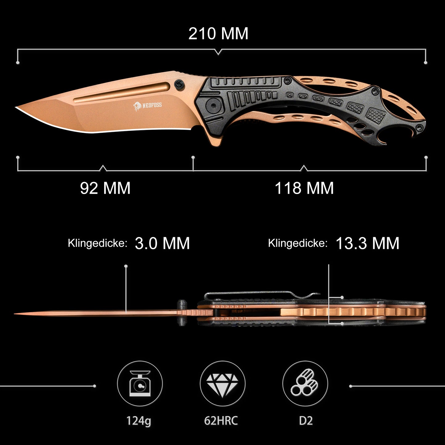 NedFoss Couteau Pliant, Couteau à Ouverture à une Main de 9cm en Acier D2 avec Poignée en Aluminium, Couteau de Poche avec Verrouillage Liner Lock, Couteau d'Extérieur avec Clip, Couteau de Survie pour Collection et Cadeau