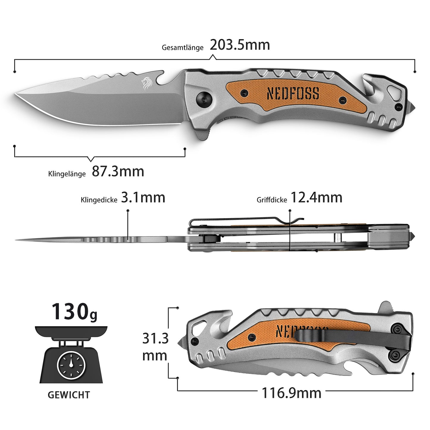 NedFoss DA169 Folding Knife, 9.5 CM Pocket Knife with Belt Cutter & Glass Breaker & Bottle Opener, One-Handed Knife with Liner Lock & Ball Bearings, Rescue Knife for Car, Survival Rescue Knife Outdoor