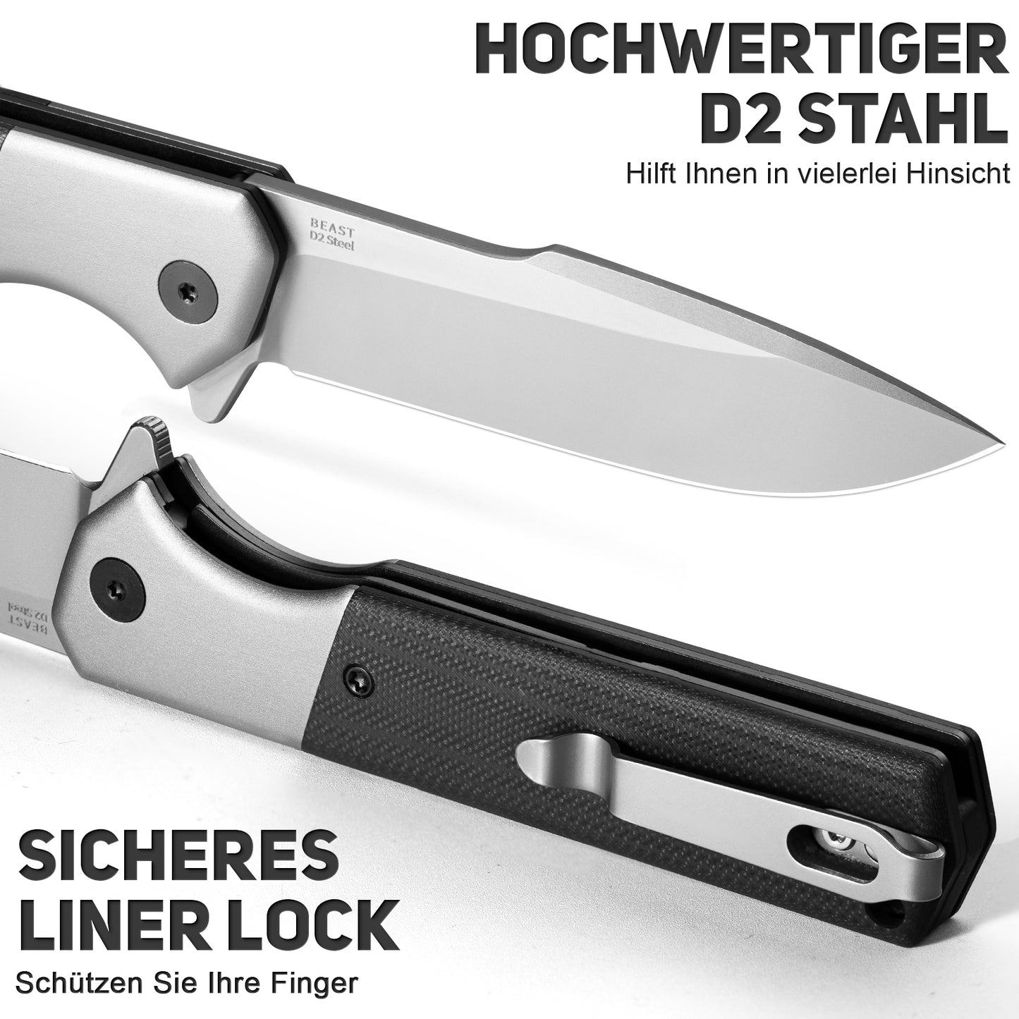 NedFoss BEAST Folding Knife, 8.7cm D2 Steel Blade Pocket Knife with G10 Handle, One-Handed Knife with Liner Lock & Ball Bearing, Outdoor Knife with Clip, Survival Knife for Collection & Gift