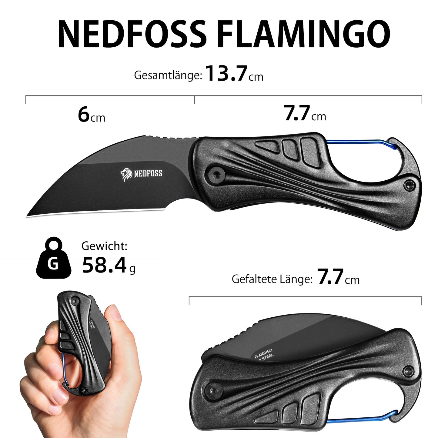 NedFoss FLAMINGO Couteau de poche pliant, mini-couteau de poche en acier D2 de 6 cm avec manche en aluminium et verrouillage Liner Lock, couteau porte-clés avec mousqueton, couteau EDC pour un usage quotidien, collection et cadeau