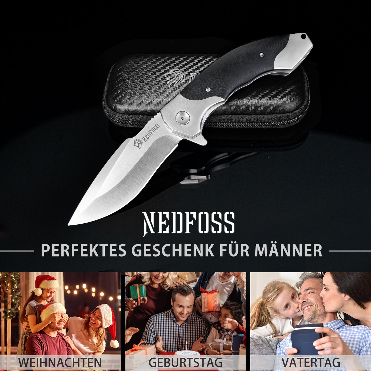 NedFoss SHARK Folding Knife, D2 Steel Pocket Knife, One-Handed Knife with Brass Bearings, Outdoor Pocket Knife with Belt Clip, Liner Lock, Extra Sharp