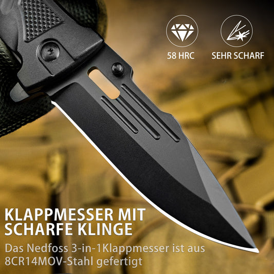 NedFoss DA75 Folding Knife - 3-IN-1 Pocket Knife with Glass Breaker and Seatbelt Cutter, One-Handed Knife, Rescue Knife, Survival Knife, Versatile Survival Knife
