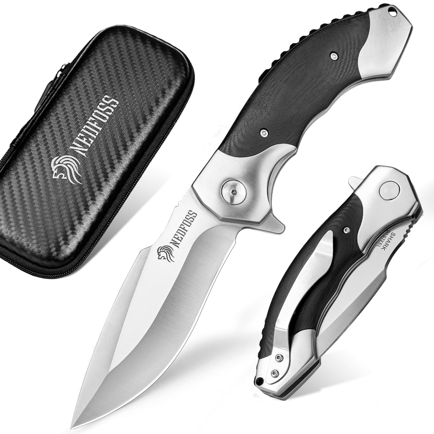 NedFoss SHARK Folding Knife, D2 Steel Pocket Knife, One-Handed Knife with Brass Bearings, Outdoor Pocket Knife with Belt Clip, Liner Lock, Extra Sharp