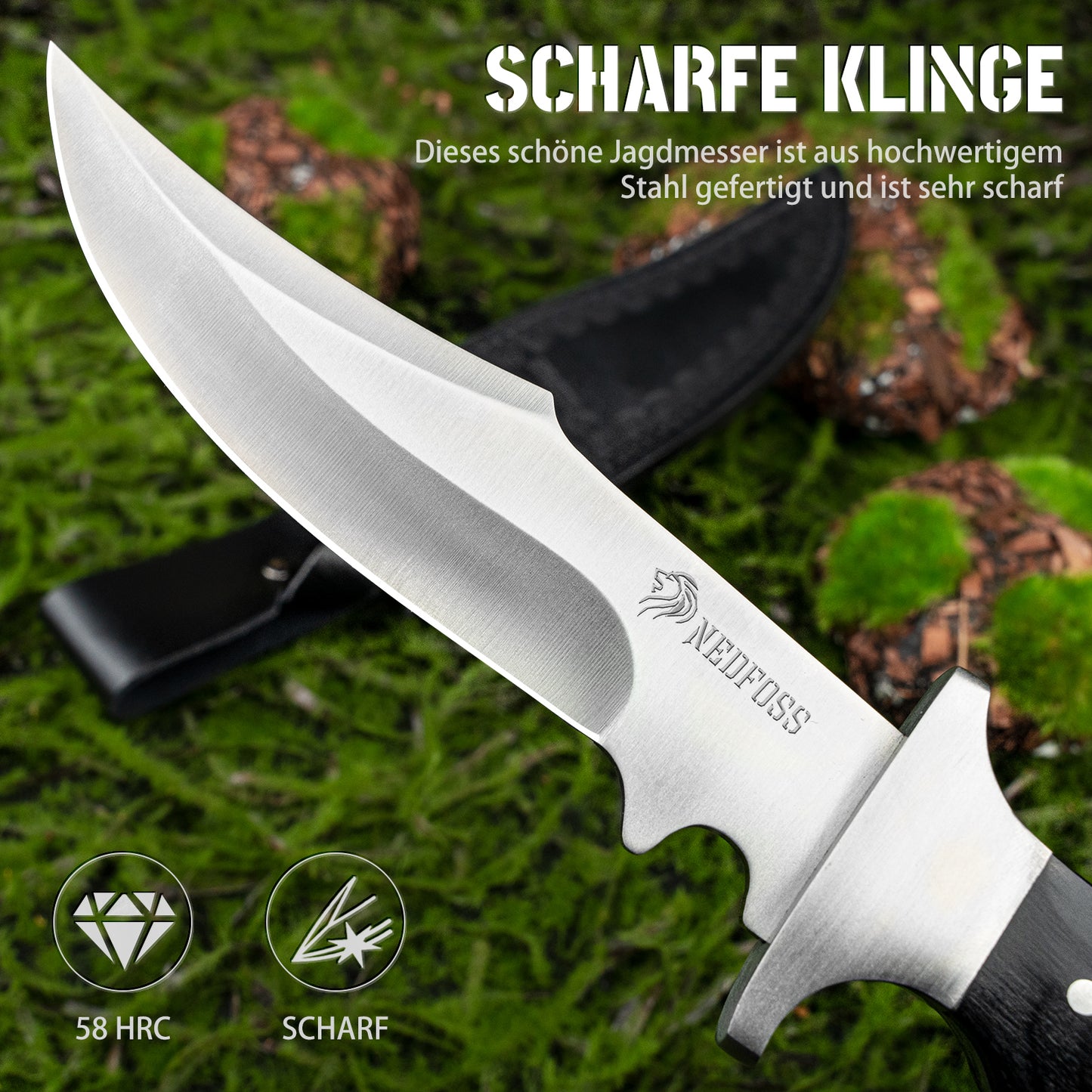 NedFoss TIGER Couteau d'extérieur, Couteau de chasse 16 cm, Couteau de camping avec étui, Couteau Bushcraft