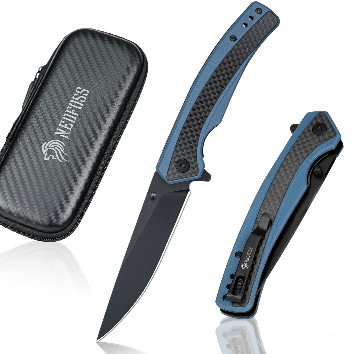 Nedfoss DOLPHIN Folding Knife, 9cm D2 Steel Pocket Knife, Sharp Folding Knife with Carbon Fiber Handle, One-Handed Knife with Belt Clip