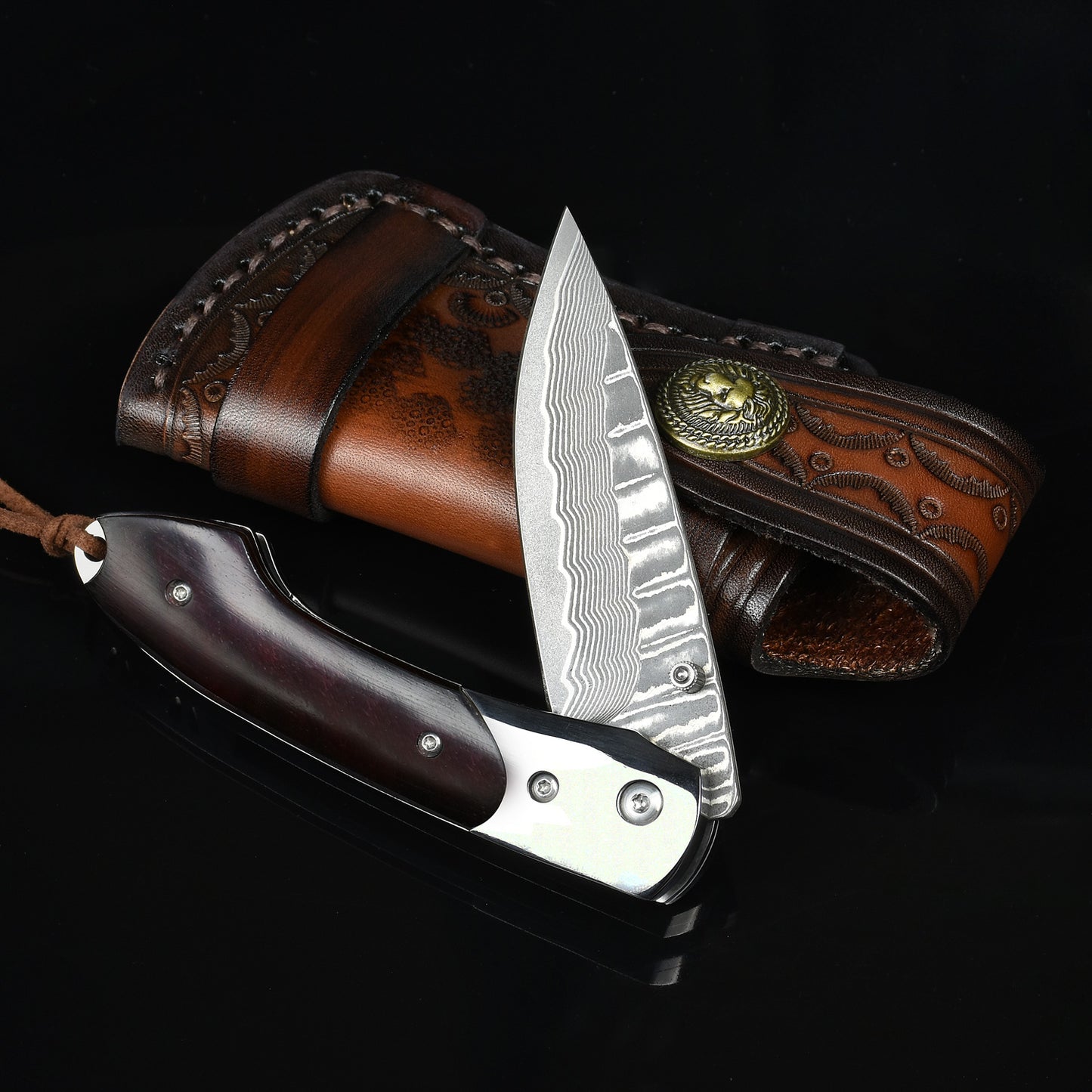 NedFoss SWORDFISH Couteau de poche en damas, Couteau pliant en damas avec étui en cuir exquis