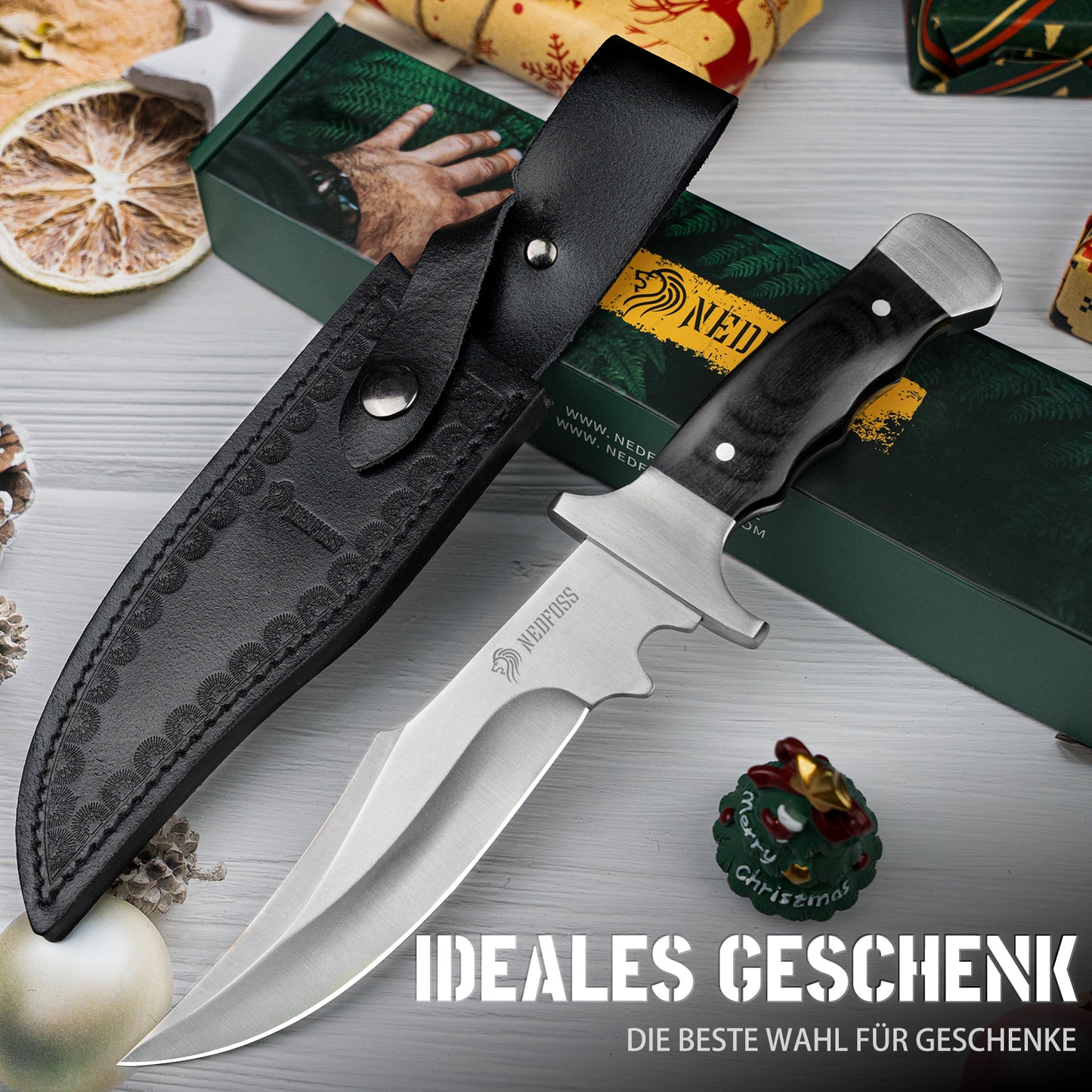 NedFoss TIGER Couteau d'extérieur, Couteau de chasse 16 cm, Couteau de camping avec étui, Couteau Bushcraft
