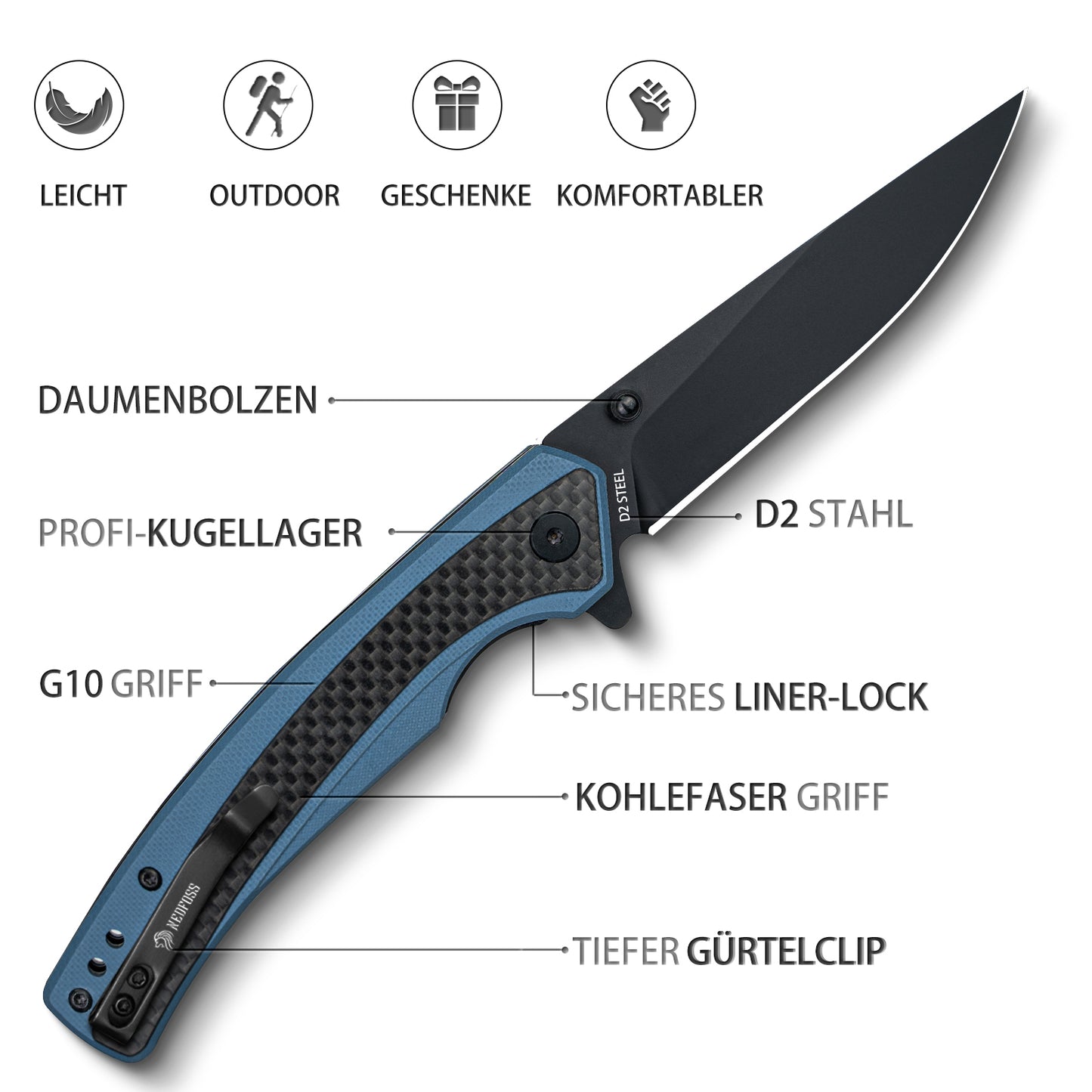 Nedfoss DOLPHIN Folding Knife, 9cm D2 Steel Pocket Knife, Sharp Folding Knife with Carbon Fiber Handle, One-Handed Knife with Belt Clip