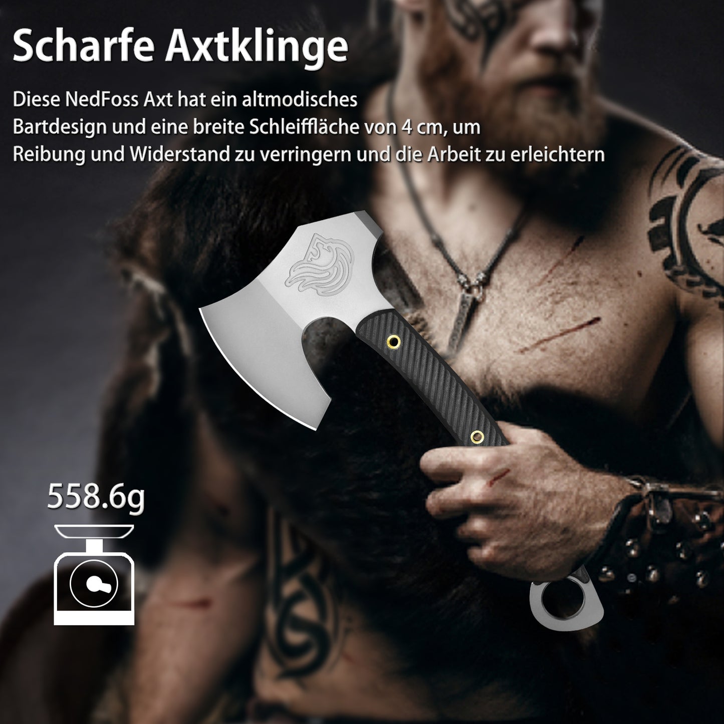 NedFoss VIKINGS Tomahawk, hache tactique Full Tang de 31,5 cm, hache viking aiguisée avec manche G10, hache tomahawk, hache de combat, hache tactique, hache de camping, hache de survie, hache de guerre, hache de barbe, hache viking avec étui