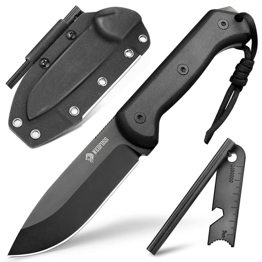 NedFoss BLACK SEAL Outdoor Knife, 10.5cm Full Tang Survival Knife with Fire Starter and Sharpener, Fixed Blade Outdoor Knife with G10 Handle