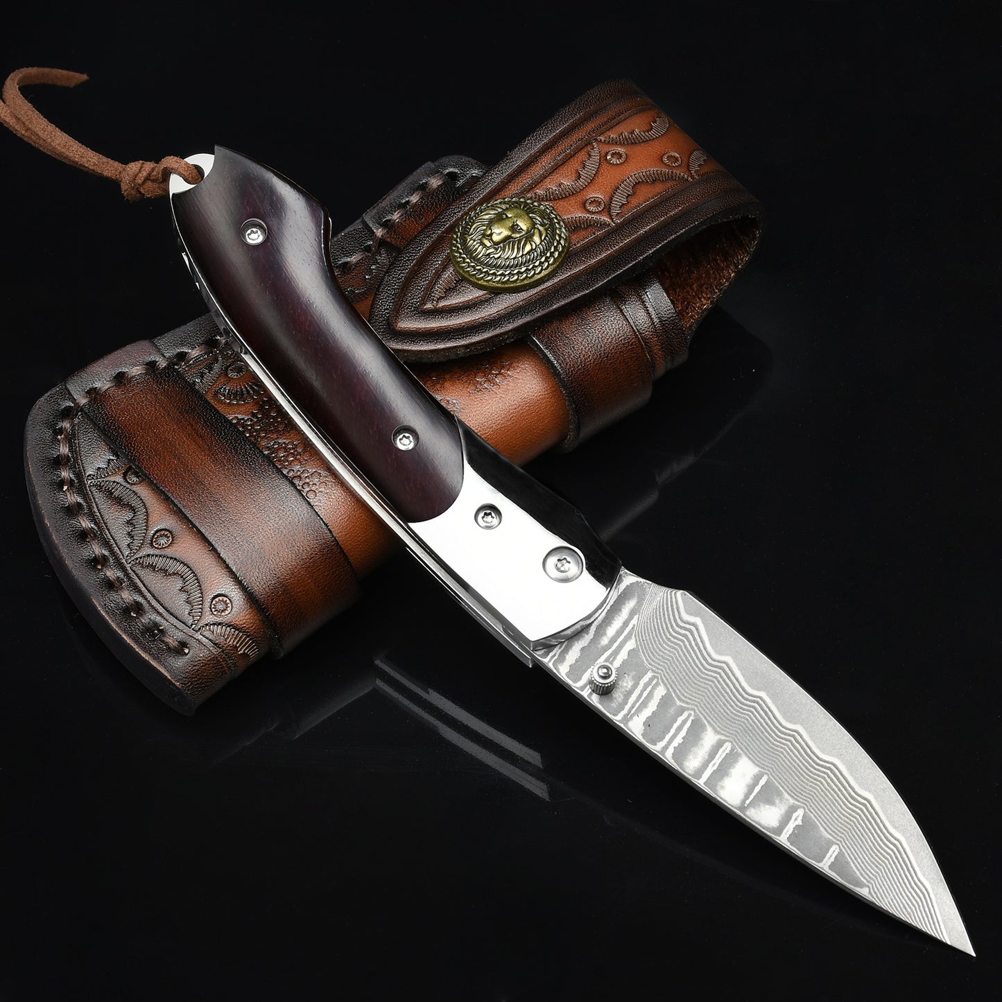 NedFoss SWORDFISH Couteau de poche en damas, Couteau pliant en damas avec étui en cuir exquis