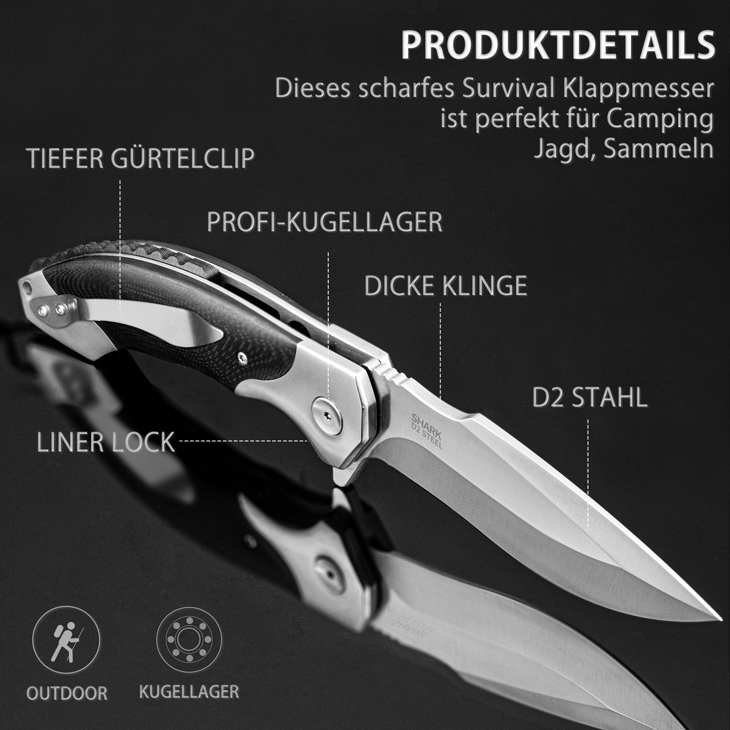 NedFoss SHARK Folding Knife, D2 Steel Pocket Knife, One-Handed Knife with Brass Bearings, Outdoor Pocket Knife with Belt Clip, Liner Lock, Extra Sharp