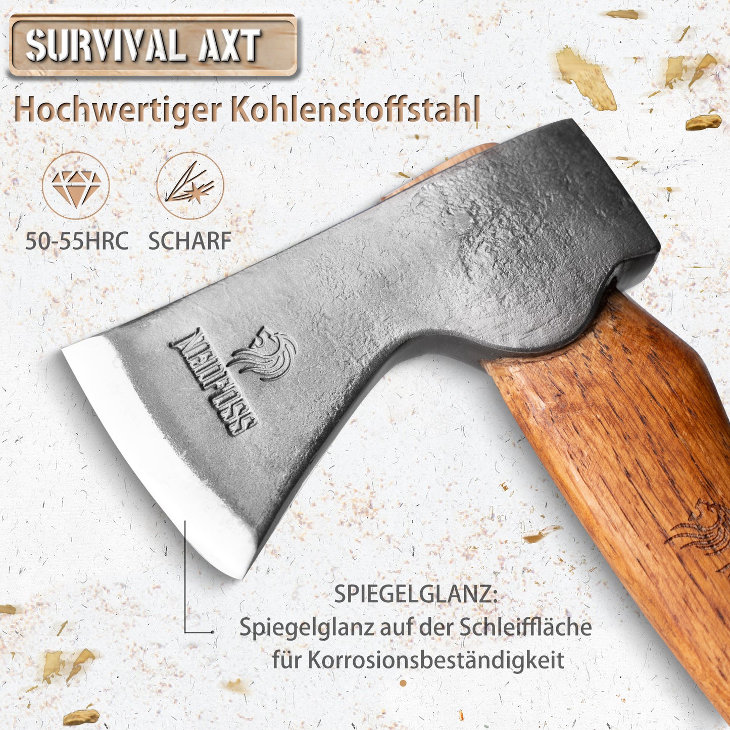Nedfoss RF38 Axe, 38cm Camping Axe, Viking Axe, Hatchet with Wooden Handle, Outdoor Axe with Sheath, Bushcraft Axe, Splitting Axe, Sharp Camping Axe, Universal Axe, High-Quality Camping Hatchet for Garden & Outdoor