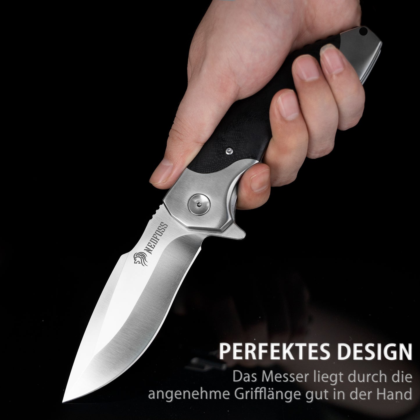 NedFoss SHARK Folding Knife, D2 Steel Pocket Knife, One-Handed Knife with Brass Bearings, Outdoor Pocket Knife with Belt Clip, Liner Lock, Extra Sharp
