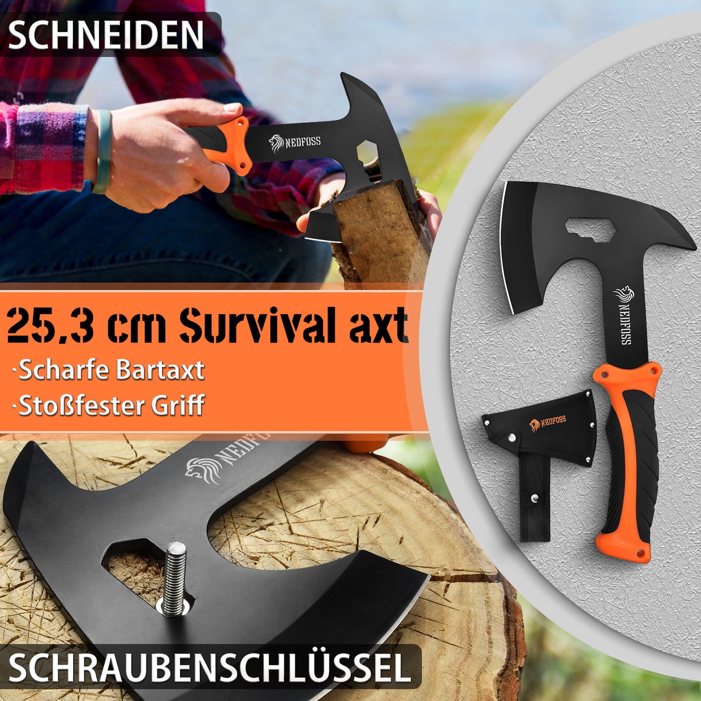NedFoss JUNGLE AXES SET Lot de 2 couteaux de survie d'extérieur, ensemble de couteaux de camping comprenant une hache de camping et un couteau d'extérieur