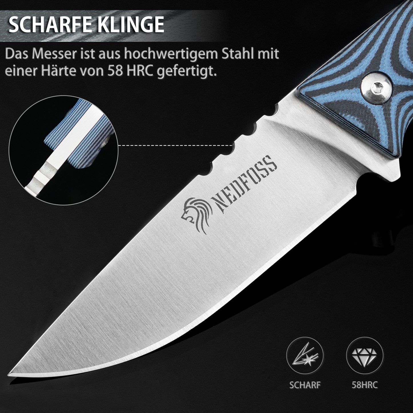 Couteau d'extérieur NedFoss HYENAS, couteau de survie pleine soie de 9 cm avec étui Kydex, couteau de bushcraft tranchant avec manche G10 antidérapant, couteau de chasse, couteau de randonnée