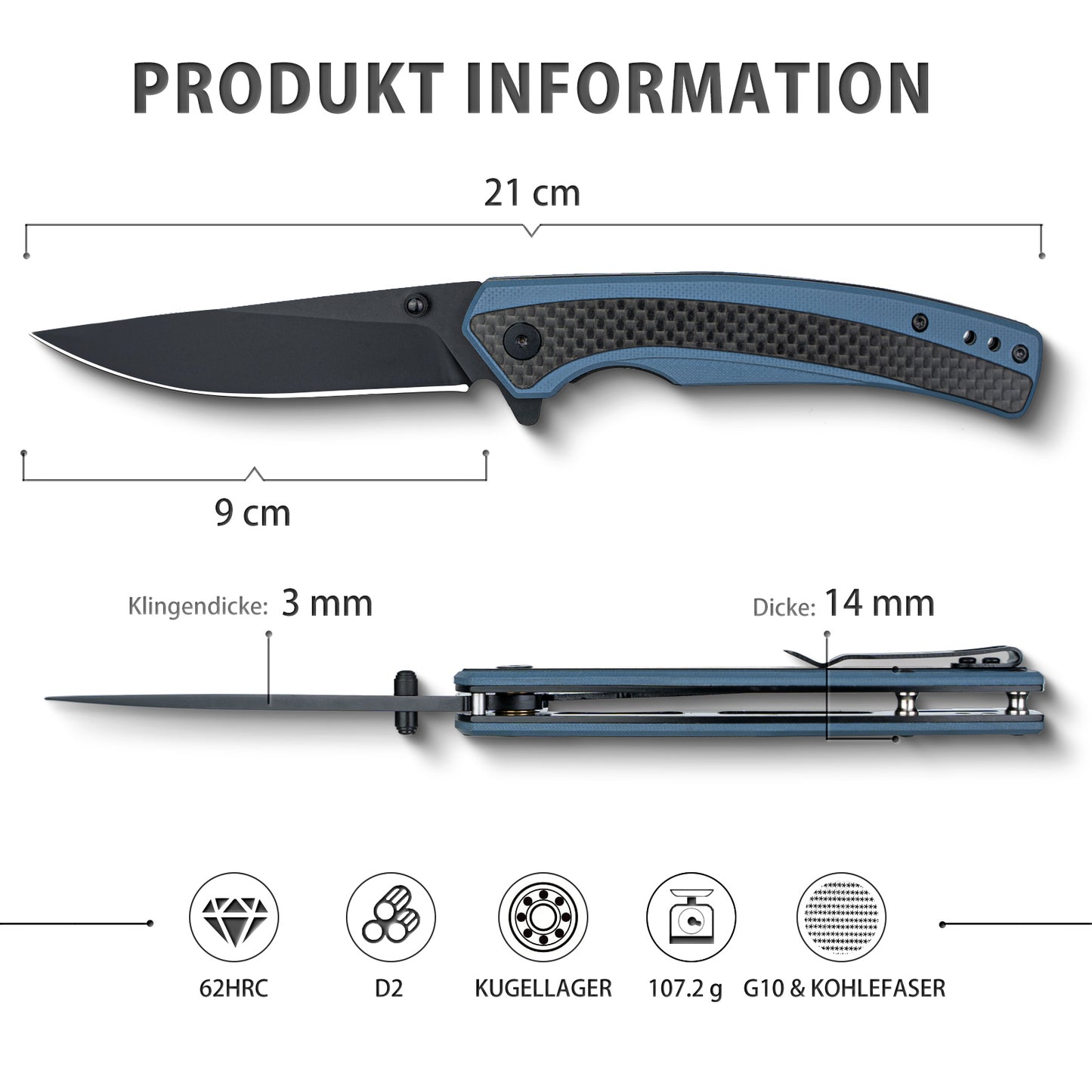 Nedfoss DOLPHIN Folding Knife, 9cm D2 Steel Pocket Knife, Sharp Folding Knife with Carbon Fiber Handle, One-Handed Knife with Belt Clip