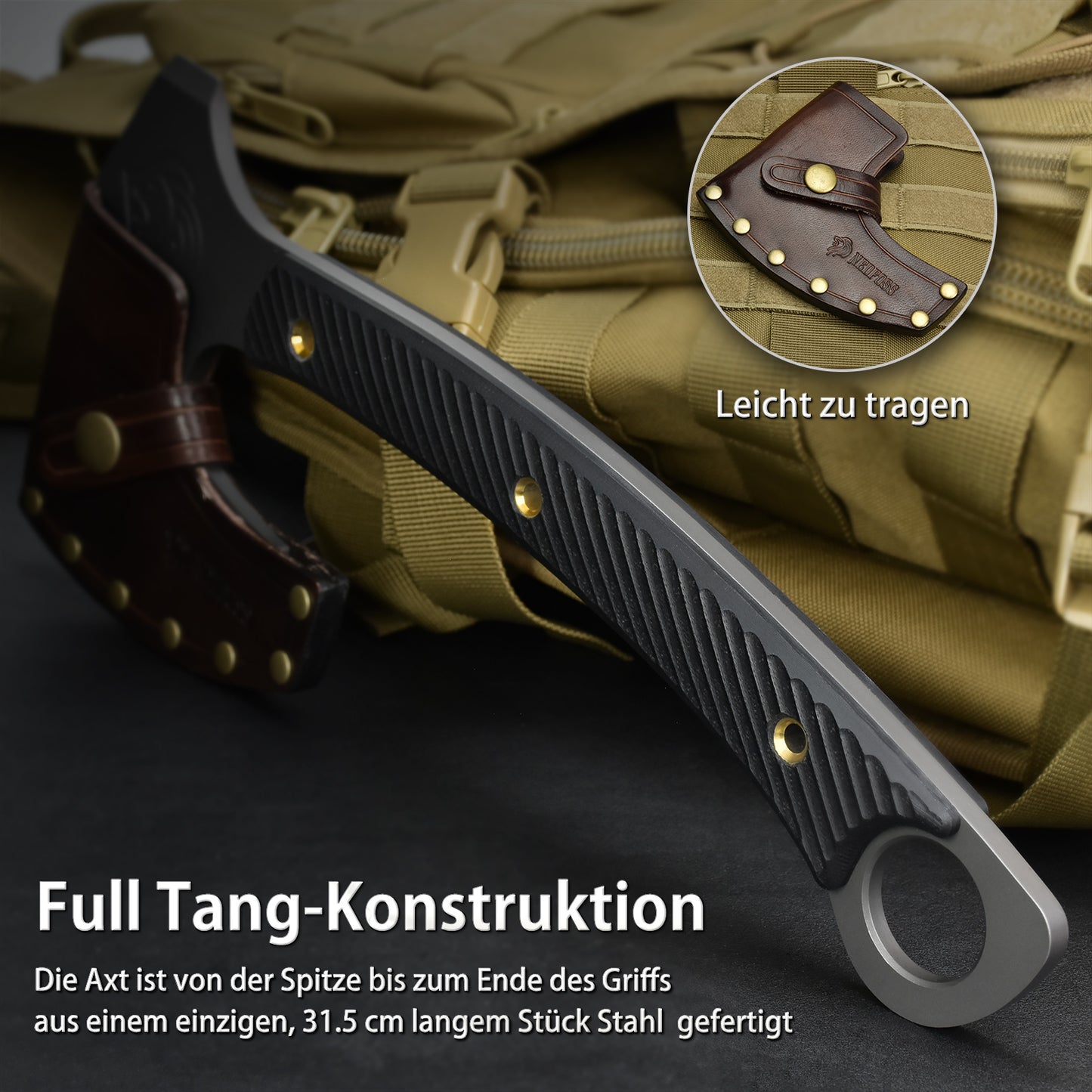 NedFoss VIKINGS Tomahawk, hache tactique Full Tang de 31,5 cm, hache viking aiguisée avec manche G10, hache tomahawk, hache de combat, hache tactique, hache de camping, hache de survie, hache de guerre, hache de barbe, hache viking avec étui